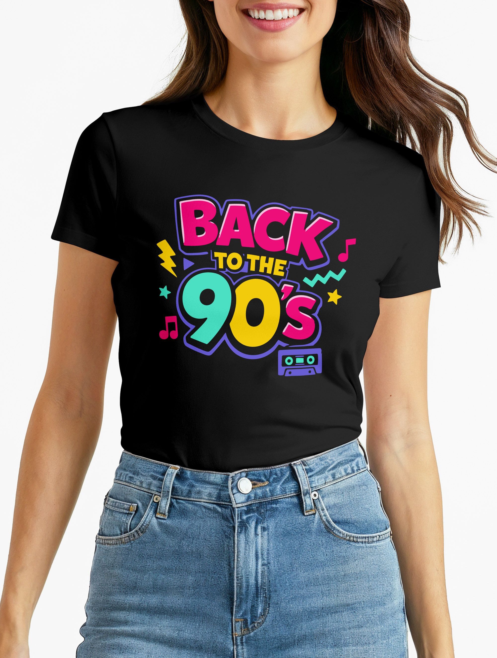 Print-Shirt Damen T-Shirt - Back to 90s Party - Fasching Karneval Kostüm-Ersatz