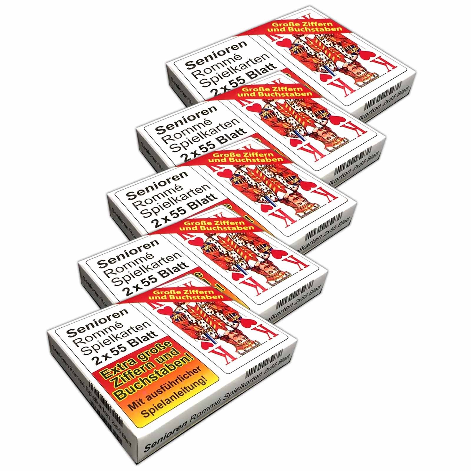 HAC24 Spiel 5er Set Senioren Romme Spielkarten Canasta Bridge Karten, je 2x55 Kartendeck große Schrift