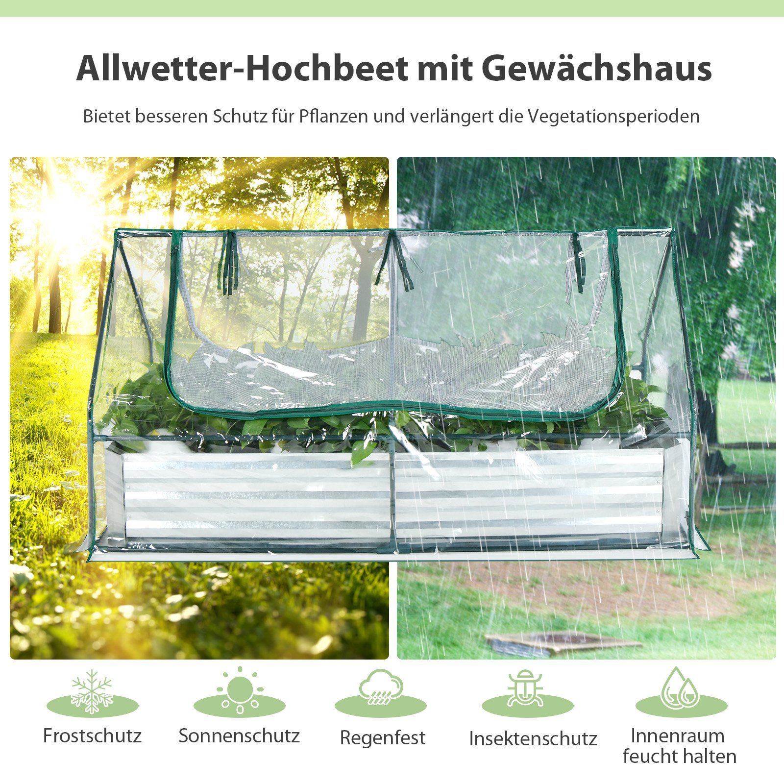 COSTWAY Gewächshaus Frühbeet, 3in1, mit Hochbeet, PVC-Folie, 2 Fenstern, 180x90x91cm