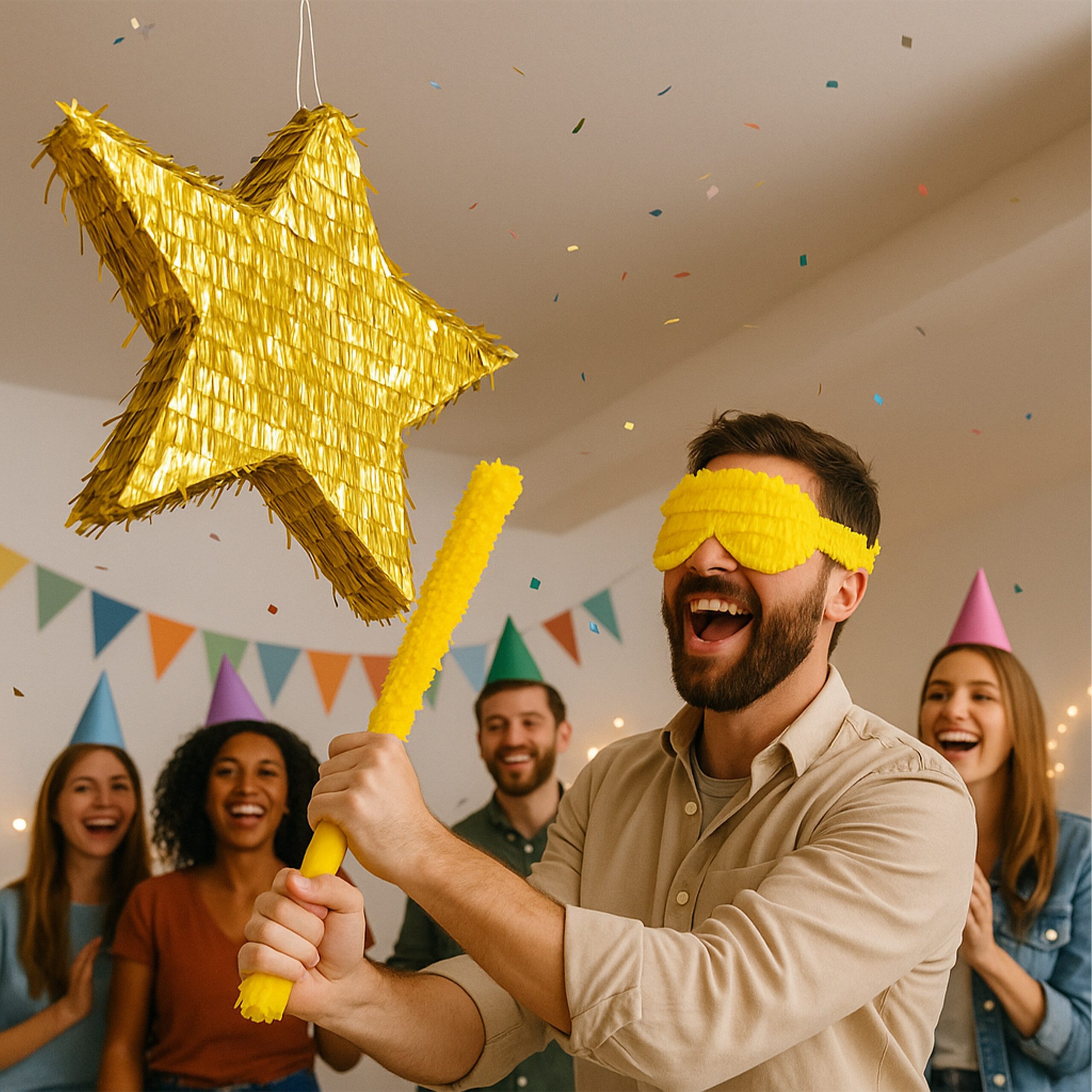 relaxdays Pinata Set Stern mit Stab und Maske, gold
