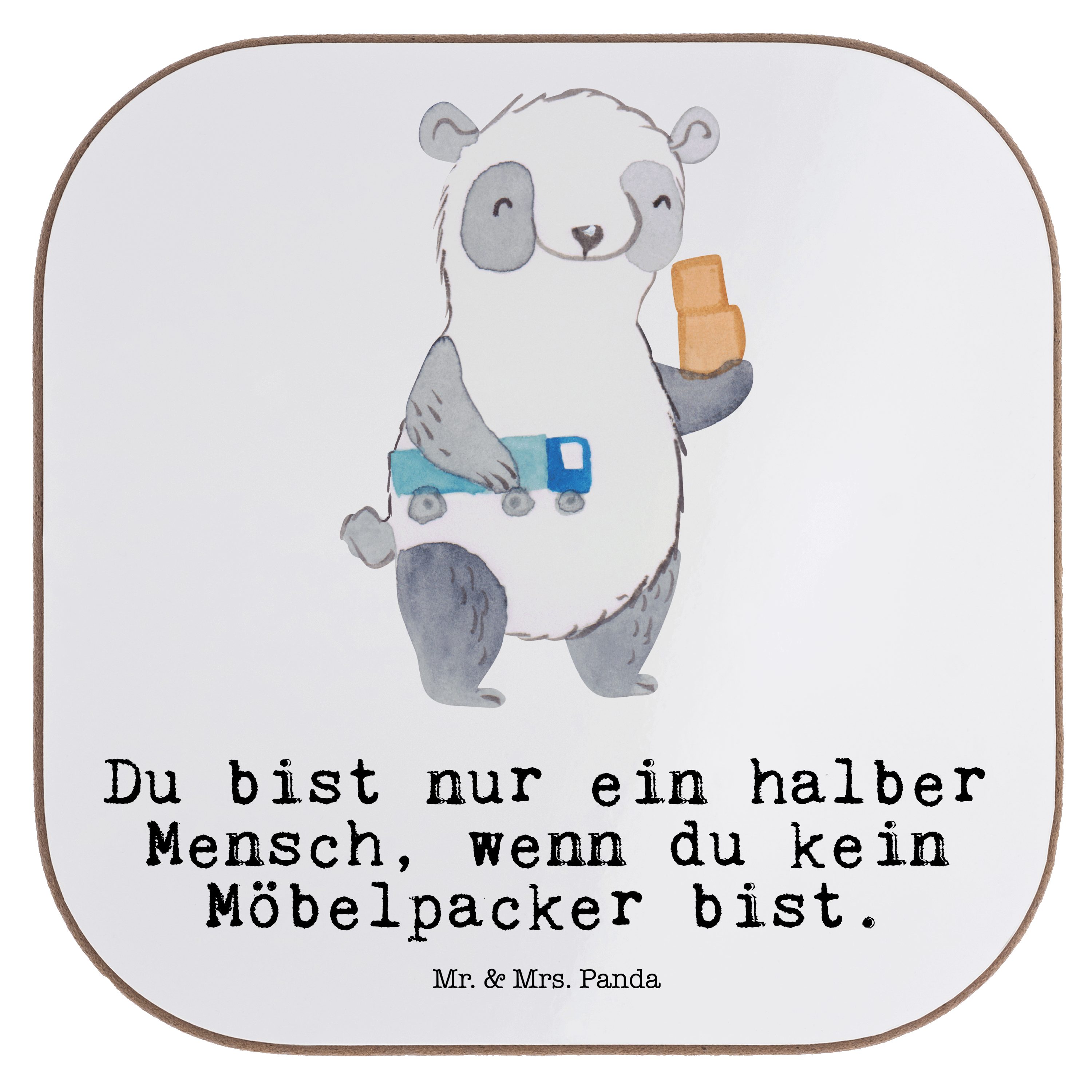 Panda Weiß - Kartons, Umzugshelfer, mit Möbelpacker - Herz Geschenk, 1-tlg. & Mr. Geträn, Getränkeuntersetzer Mrs.