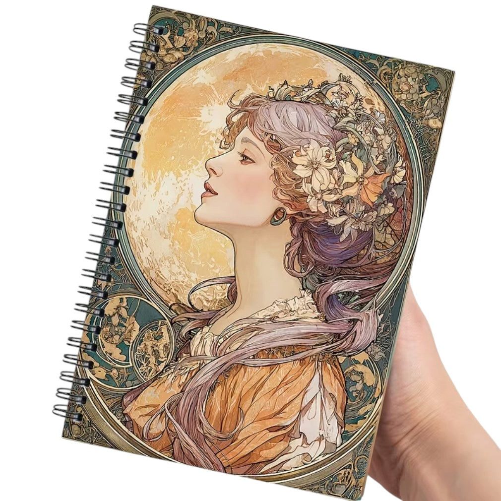 Dark-Desires Notizbuch Vintage Notizbuch Alfons Mucha Art Nouveau Mondfrau Spiralbindung