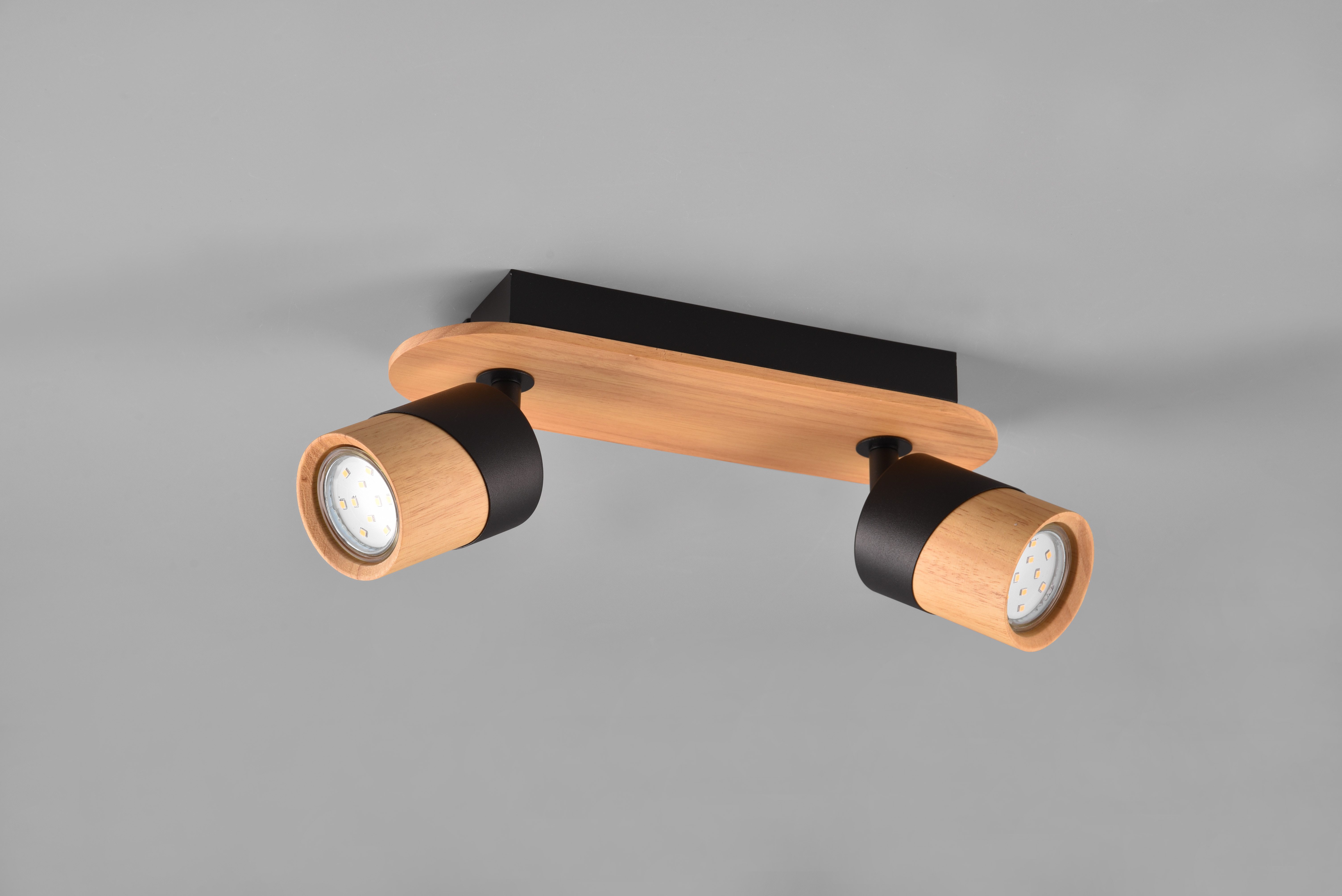 TRIO Leuchten Deckenstrahler ARUNI, Spot 2-flammig Wandspot Deckenspot exkl 2x GU10 max 10W, Leuchtmittel wechselbar, warmweiß - kaltweiß, Deckenstrahler mit Materialmix Holz / Metall für Küche Flur Wohnzimmer