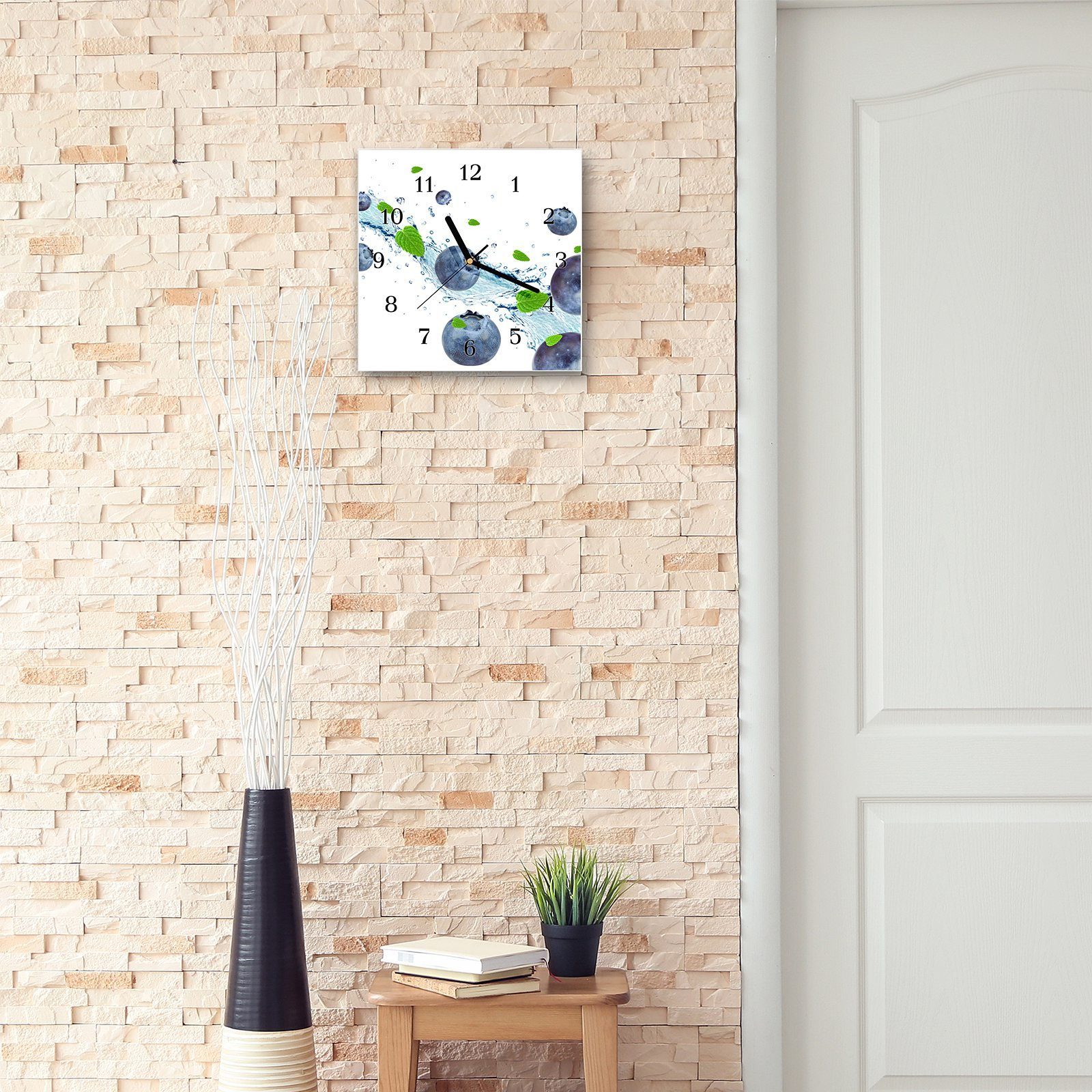 cm Primedeco Wasserwelle Wanduhr Heidelbeeren Glasuhr x auf Größe 30 mit Wanduhr 30 Motiv Wandkunst