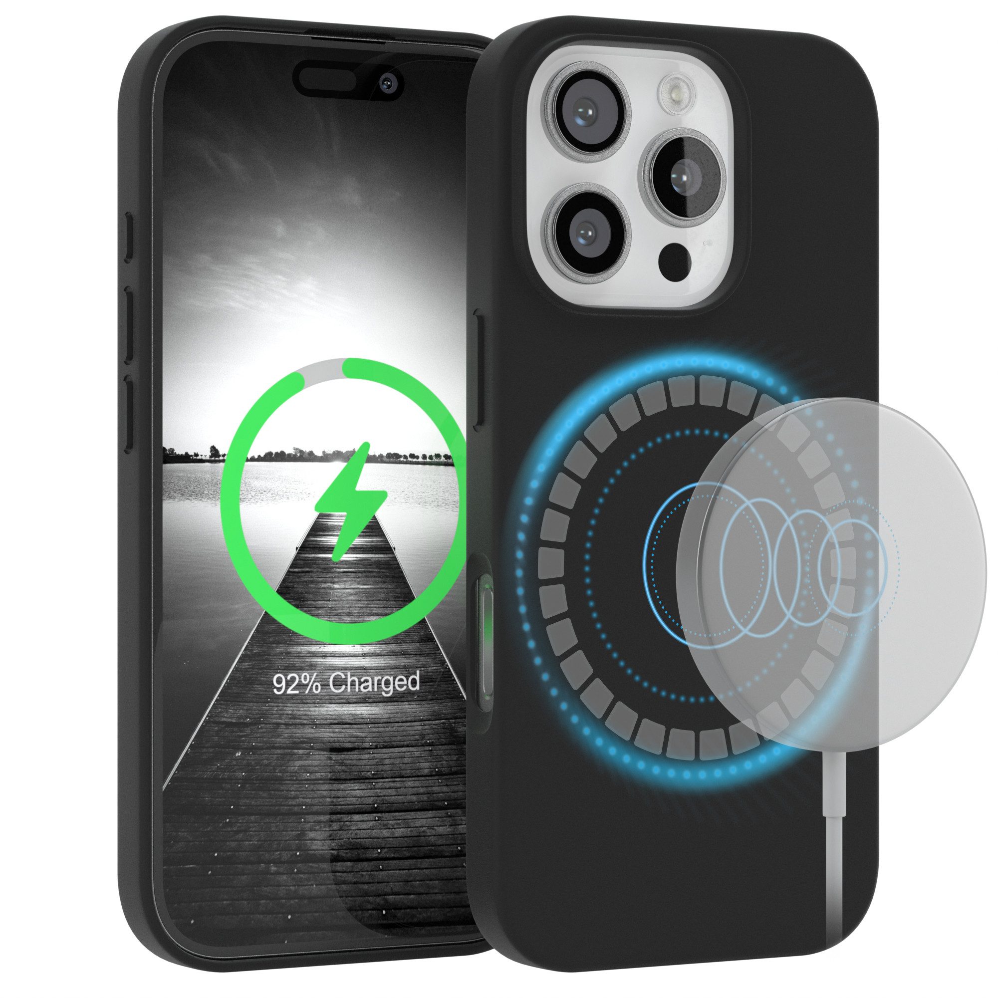 EAZY CASE Handyhülle Silikonhülle mit MagSafe für Apple iPhone 16 Pro 6,3 Zoll, Cover kompatibel mit Qi Magsafe Bumper Silicon Case kratzfest Schwarz