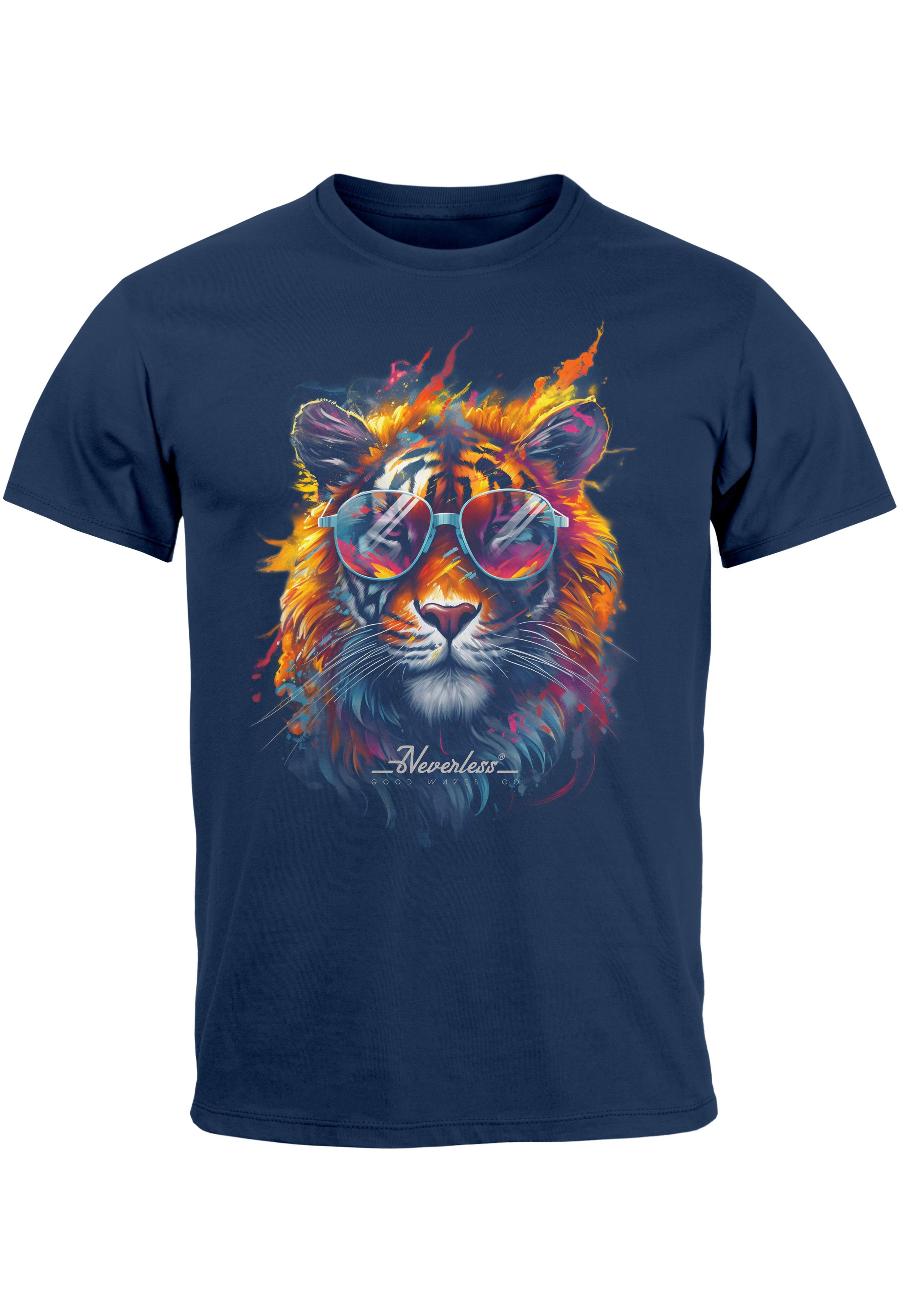 Aufdruck Herren Neverless Tiger Sommer Flammen Kunst Print mit Print Sonnenbrille Print-Shirt T-Shirt navy