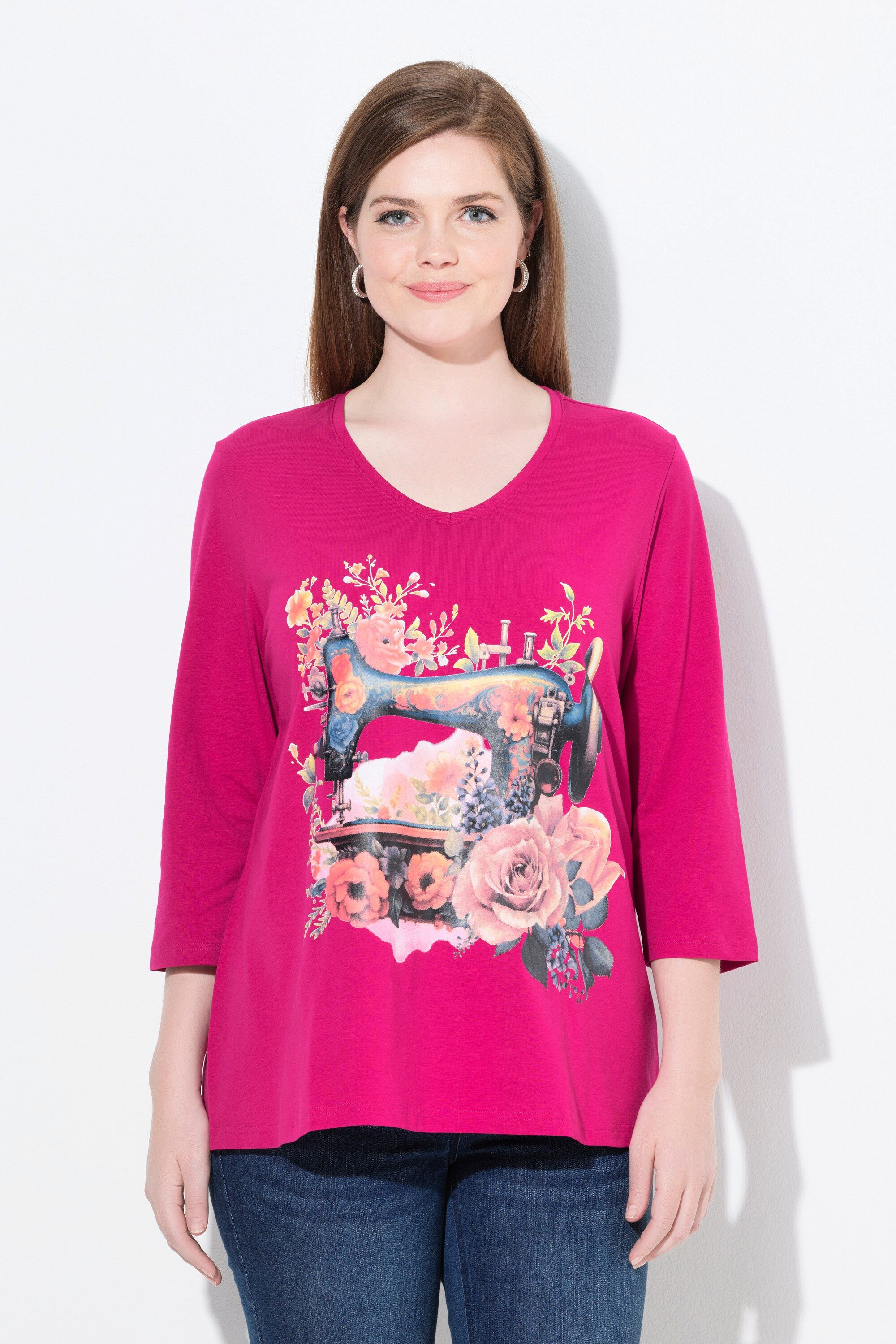 Ulla Popken T-Shirt Shirt Nähmaschine Classic V-Ausschnitt 3/4-Arm