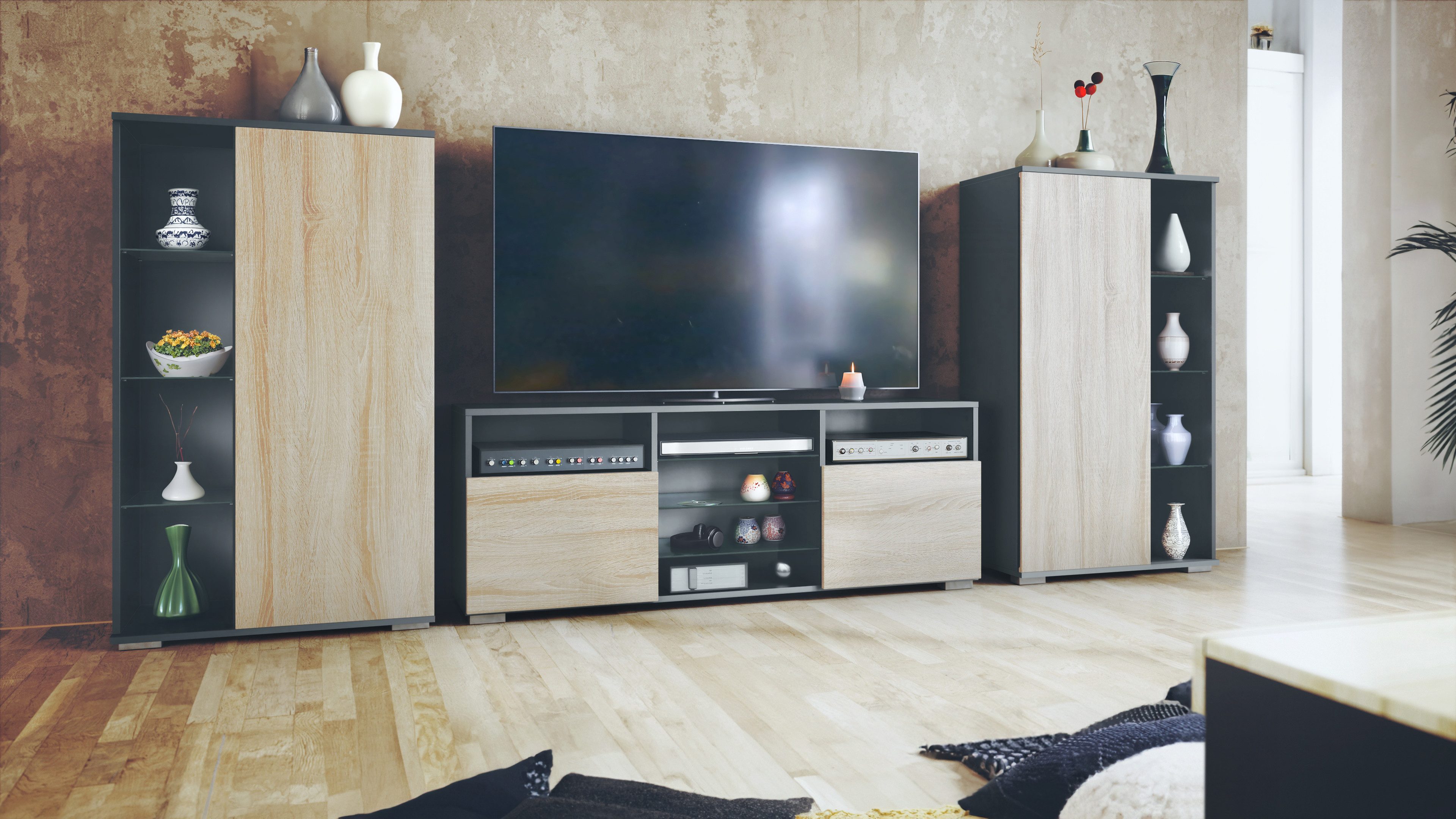 Vladon Wohnwand Davos, (Anbauwand, bestehend aus 2 Vitrinen und 1 TV-Board) günstig online kaufen