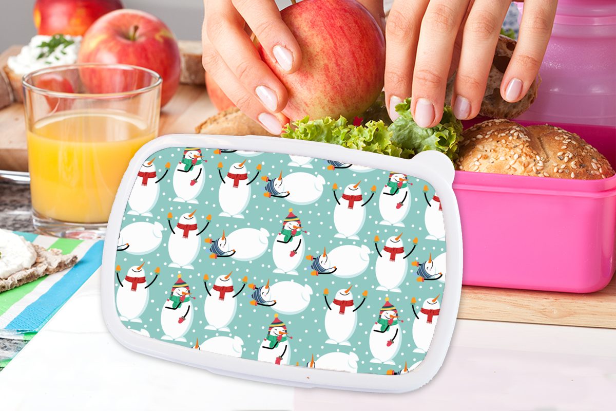 Brotbox Kunststoff - Lunchbox Erwachsene, (2-tlg), rosa Muster, für - Weihnachten Kinder, Snackbox, Brotdose Mädchen, - Schneemann Kunststoff, MuchoWow Cartoon Winter -