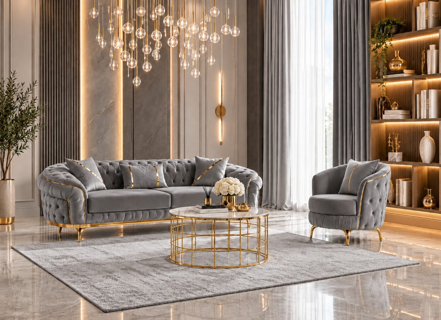 Palms-Store Sofa MONACO Sofagarnitur 3+3+1 Sofa-Set aus Samt mit Knopfheftung, Spar-Set, 3-Sitzer + 3-Sitzer + Sessel