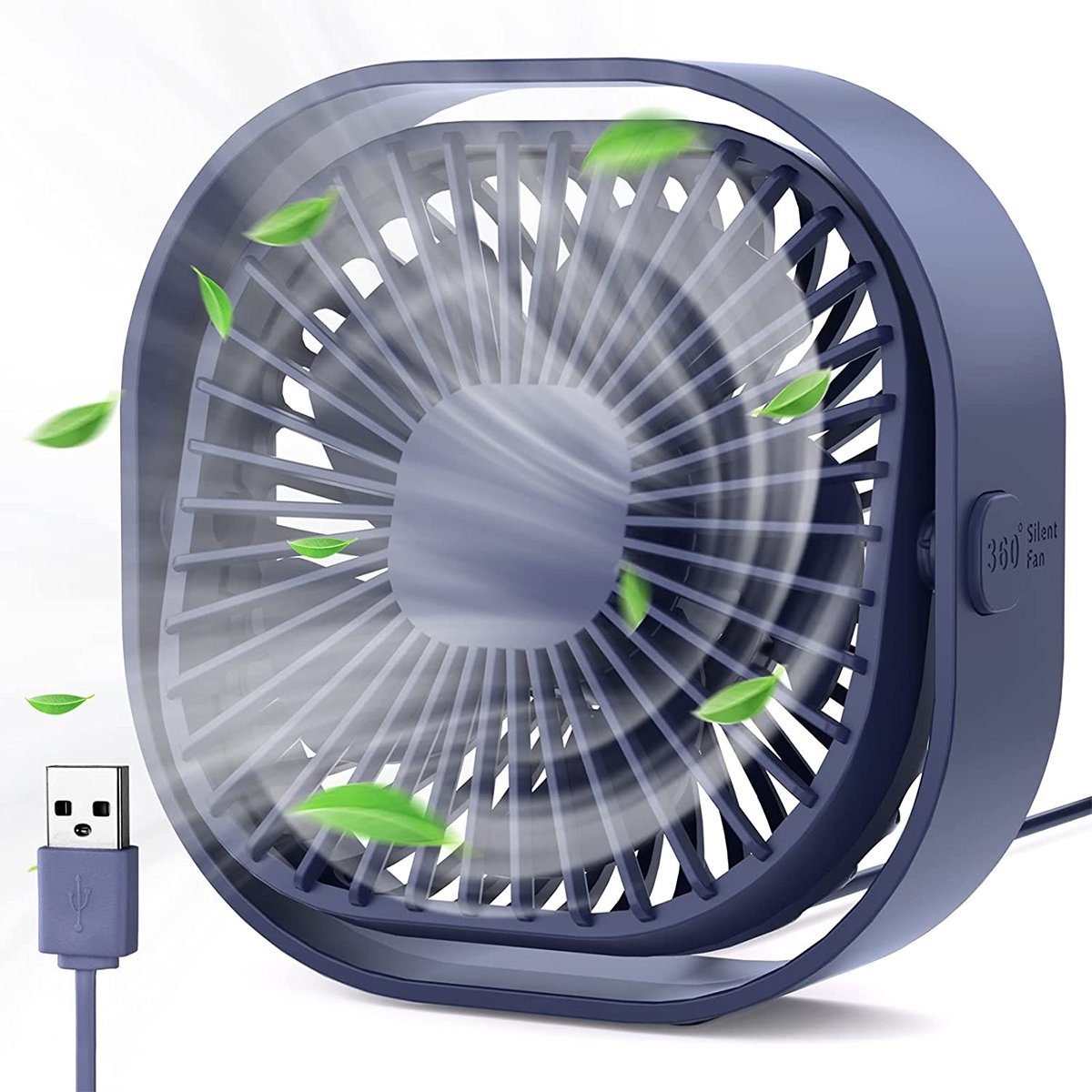 autolock Mini USB-Ventilator USB Ventilator Mini USB Tischventilator Leise 3 Speed, 360° Drehung Tragbarer USB Lüfter starkem Luftstrom,Desk Fan Dunkelblau