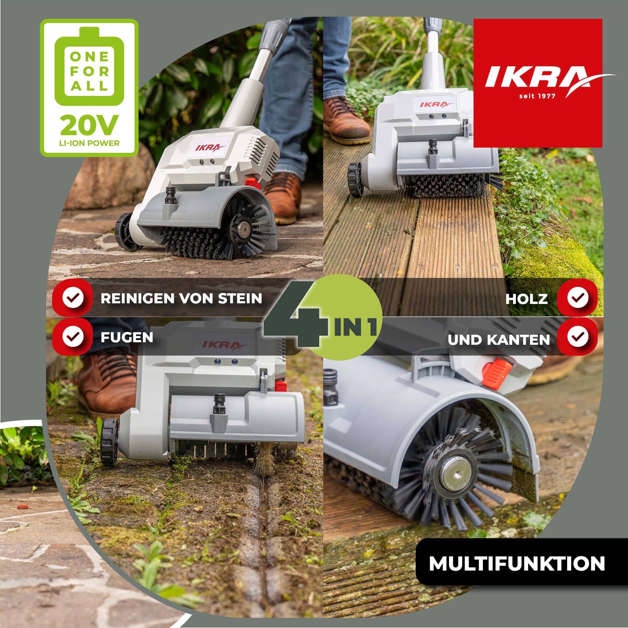 ikra GmbH Akku-Oberflächenbürste Vario Brush IATR 20, 1-tlg., inkl. Nylon-Bürste (Stein-, Beton, Holzdielen) & Stahl-Bürste (Fugen), Akku-Oberflächen- und Fugenreiniger