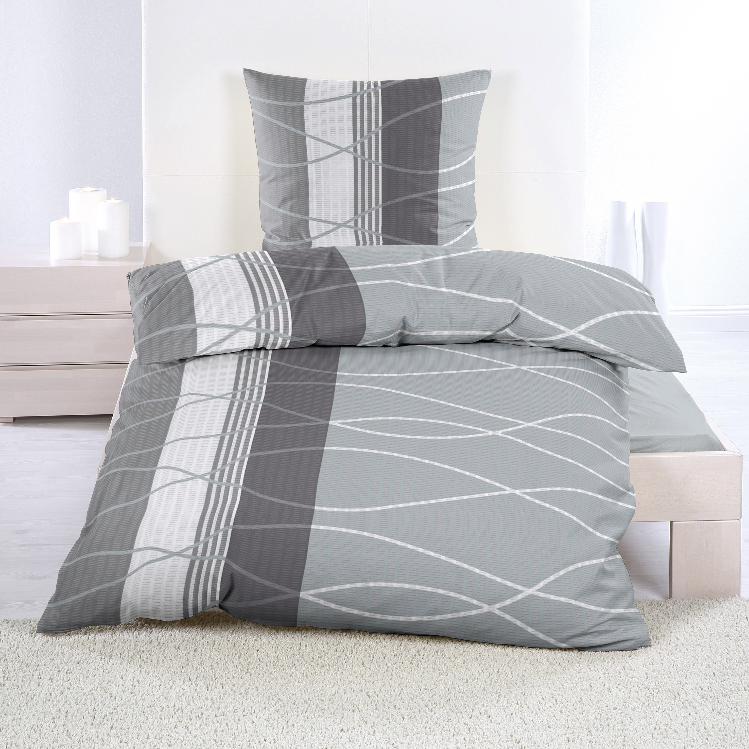 Bettwäsche Microfaser Seersucker, Casa Colori, Seersucker, 2 teilig, grau gestreift