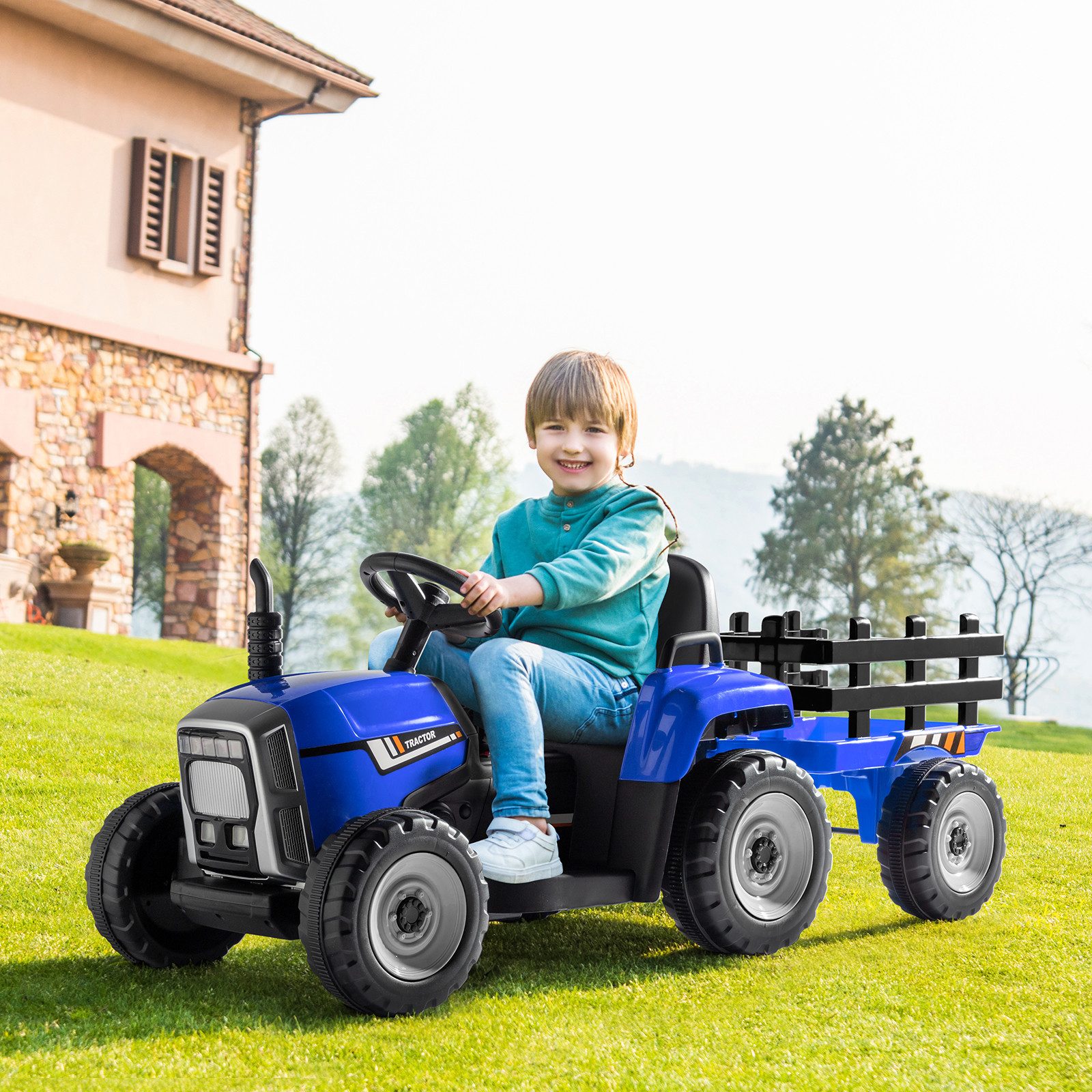 LALAHO Elektro-Kindertraktor Elektrotraktor mit abnehmbarem Anhänger und 2,4G Fernbedienung 12V 7Ah, 12V/7Ah