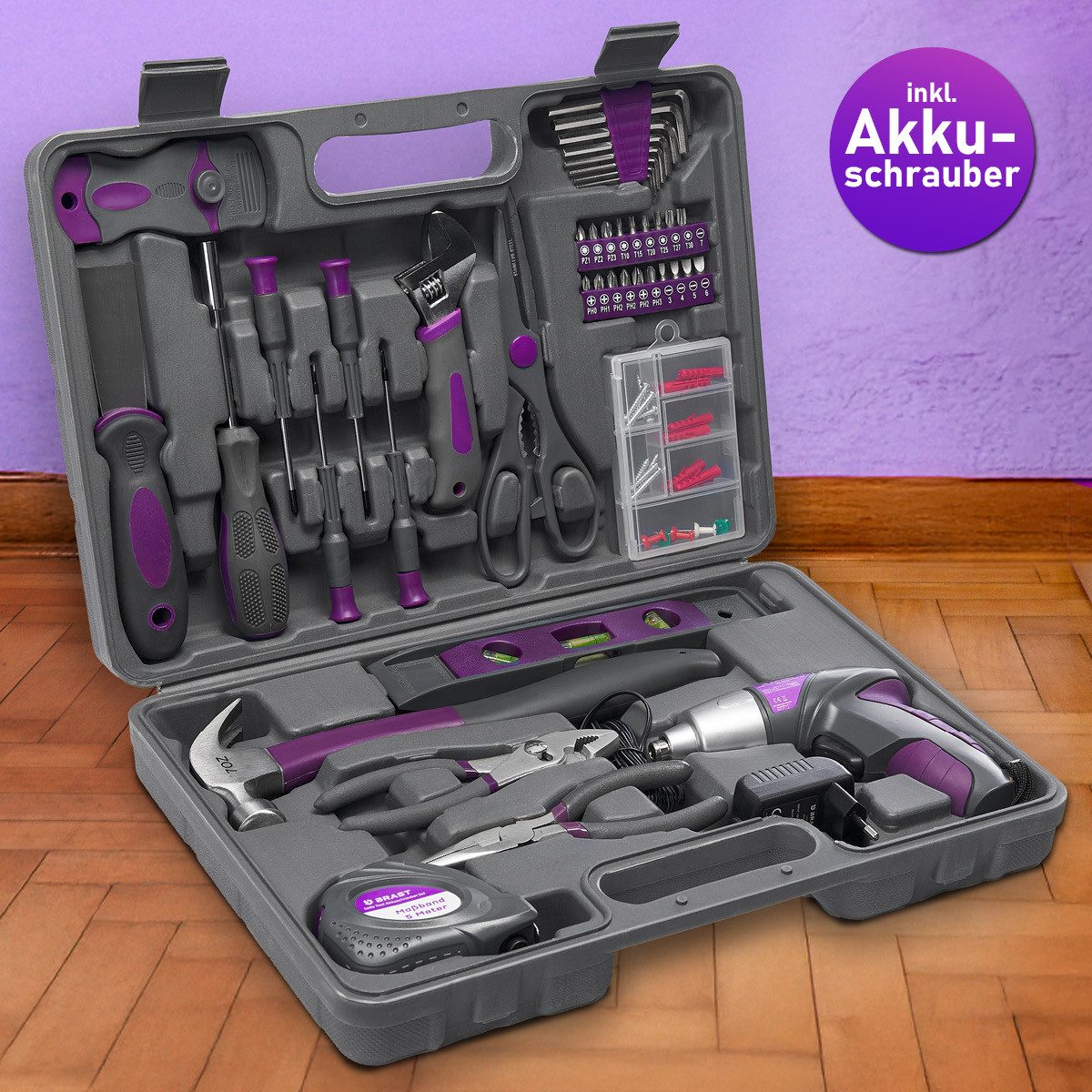 BRAST Akku-Bohrschrauber Werkzeugkoffer Gefüllt 44-teiliges Komplettes Werk günstig online kaufen