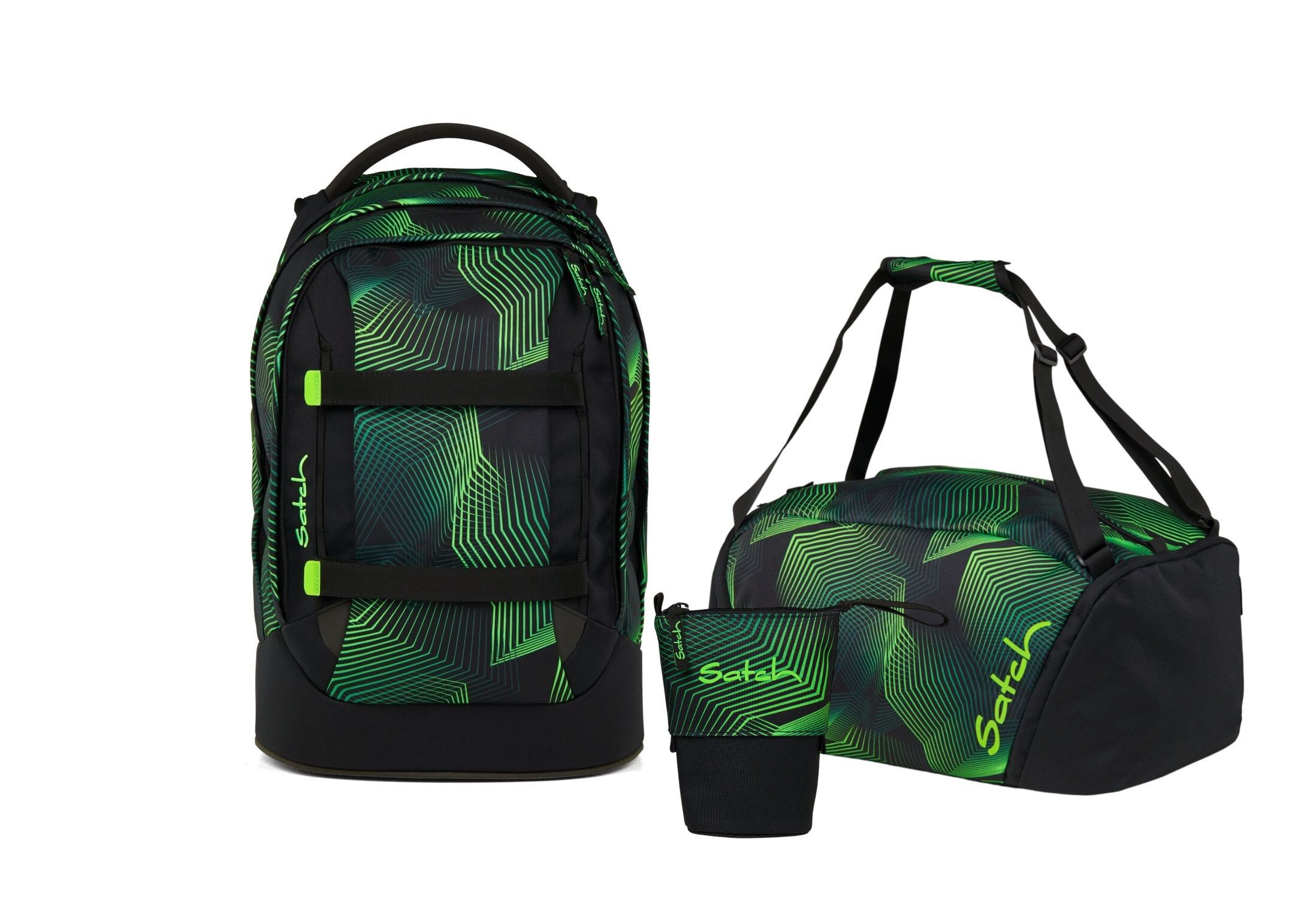 Satch Schulranzen Schulrucksack-Set PACK Seismic Green 3-teilig (3-teilig), ergonomisch, Your-Size-System: auf Körpergröße anpassbar