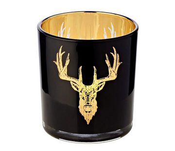 EDZARD Windlicht Lio, Kerzenglas-Set für Teelichter mit Hirsch-Motiv in Gold-Optik, Kerzenhalter für Teelicht und Maxi-Teelicht, Höhe 8 cm, Ø 7 cm