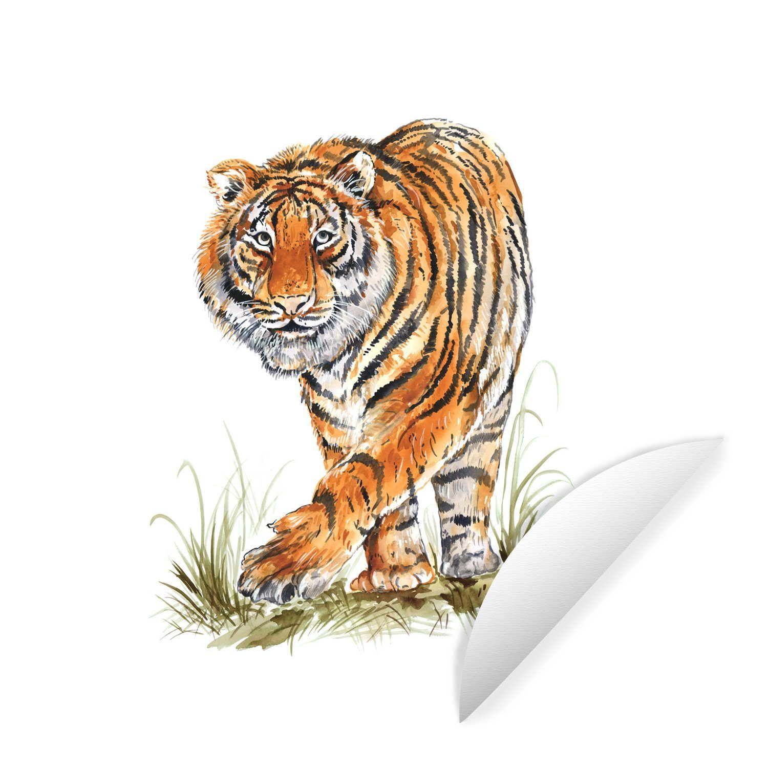 MuchoWow Wandsticker Tiger - Gras - Kopf (1 St), Tapetenkreis für Kinderzimmer, Tapetenaufkleber, Rund, Wohnzimmer