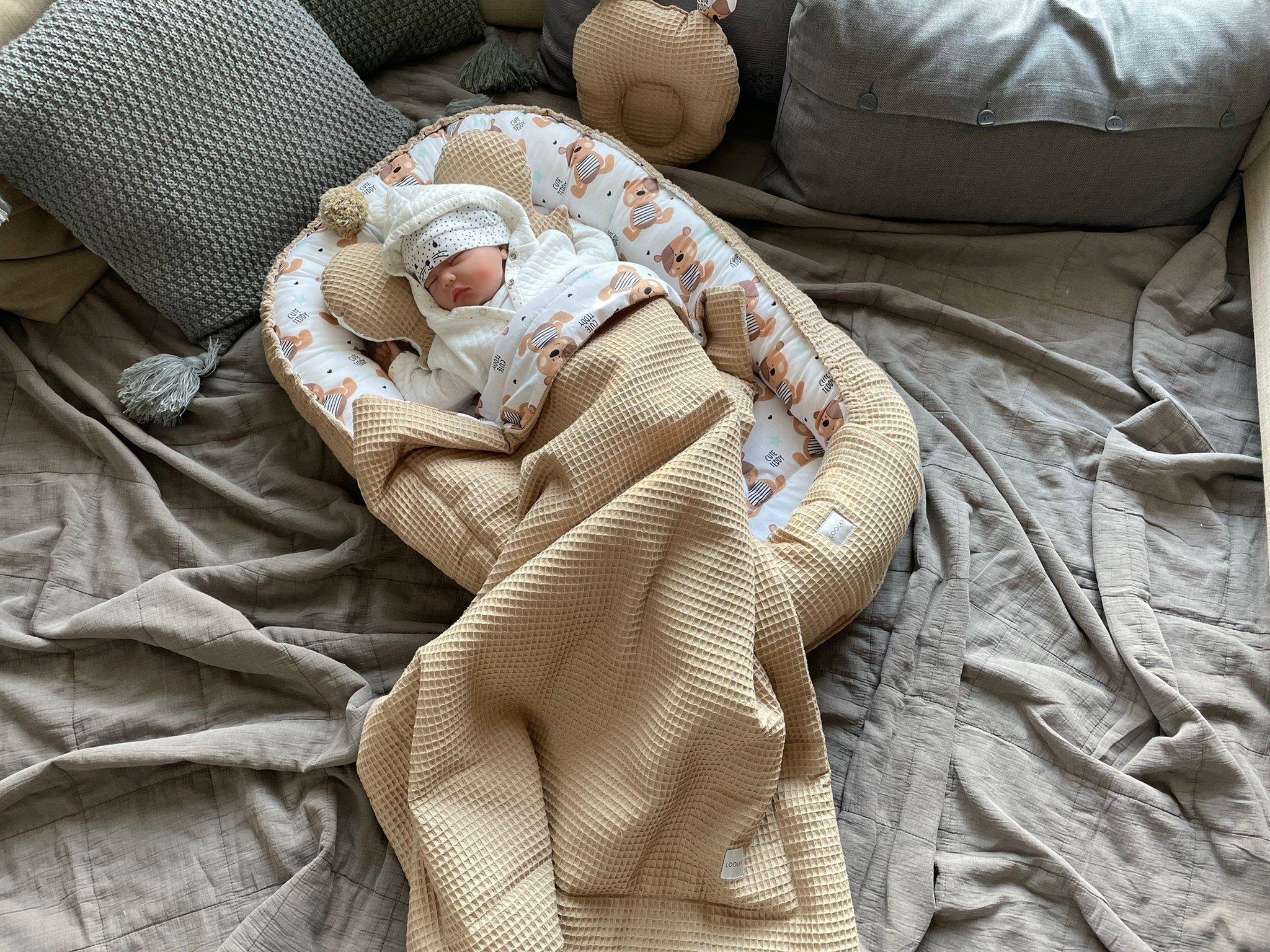 Loolay Bettnestchen TAUPE WAFFELPIQUE Braun TEDDY Baumwolle BABYNEST Babyko günstig online kaufen