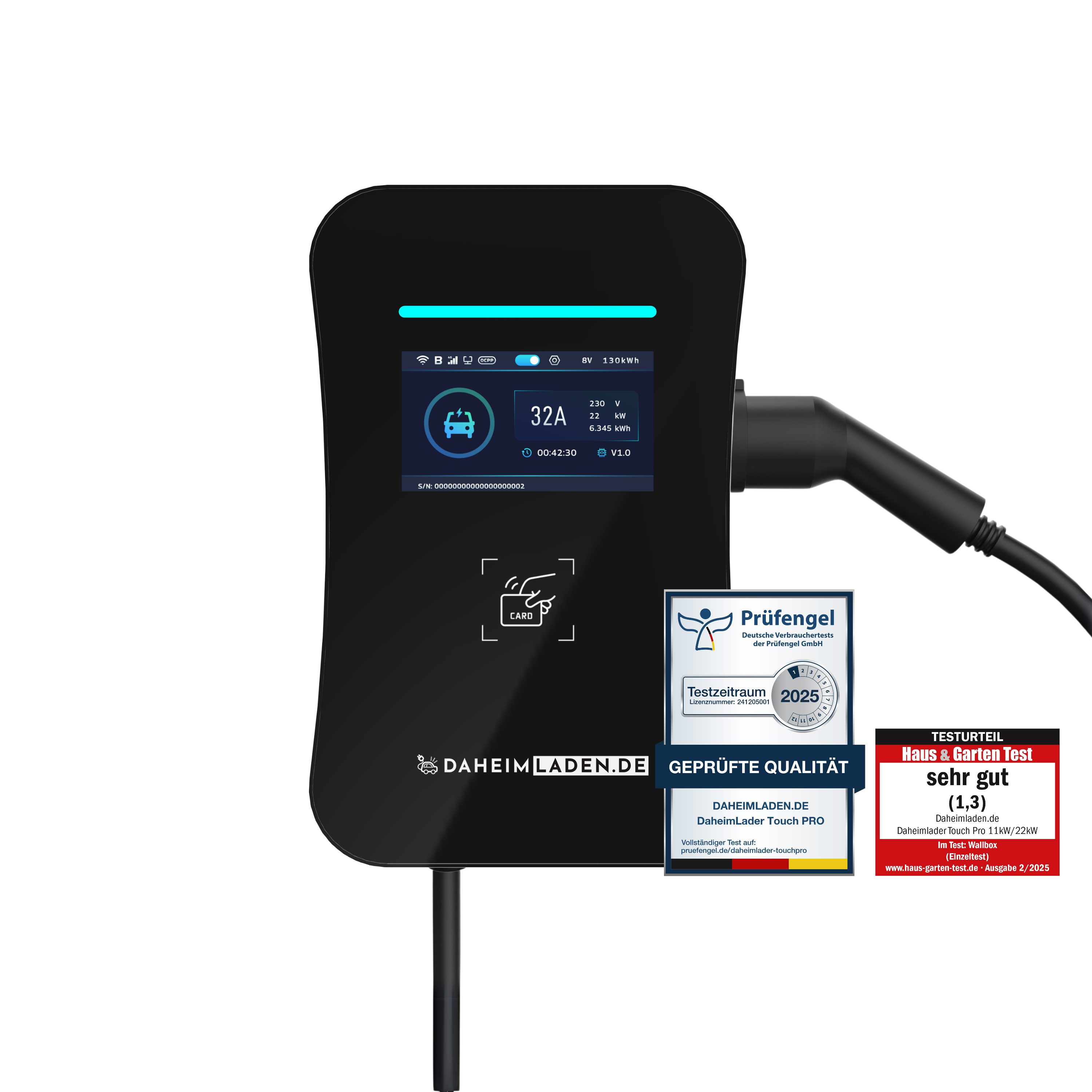 DAHEIM LADEN Elektroauto-Ladestation DaheimLader Touch PRO Wallbox, 11kW / 16A, 3-phasig, mit App, RFID, MID-Stromzähler, DockingStation, OCPP Version 1.6j