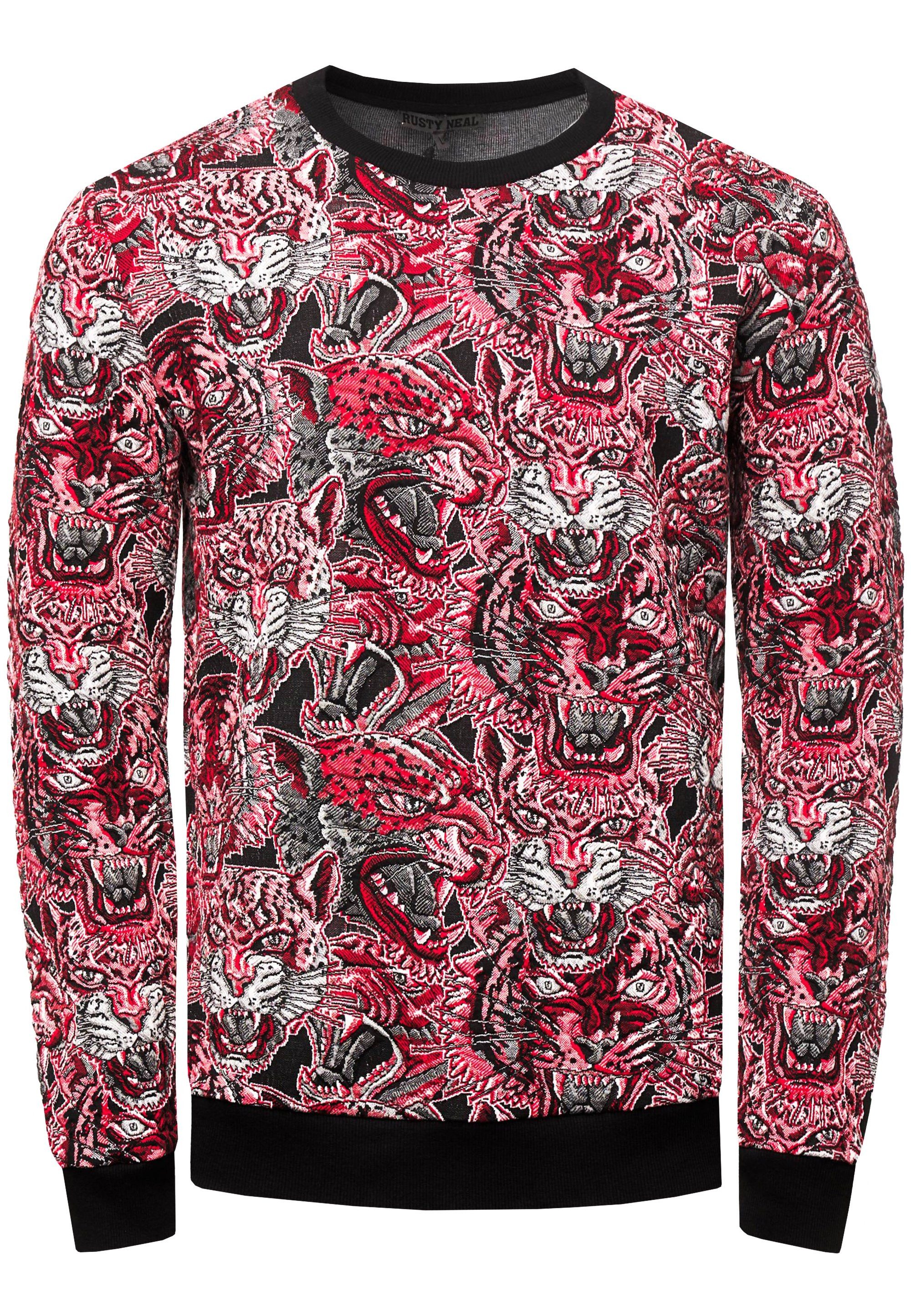 Rusty Neal Sweatshirt Red Tiger in Jacquard mit extravagantem Muster