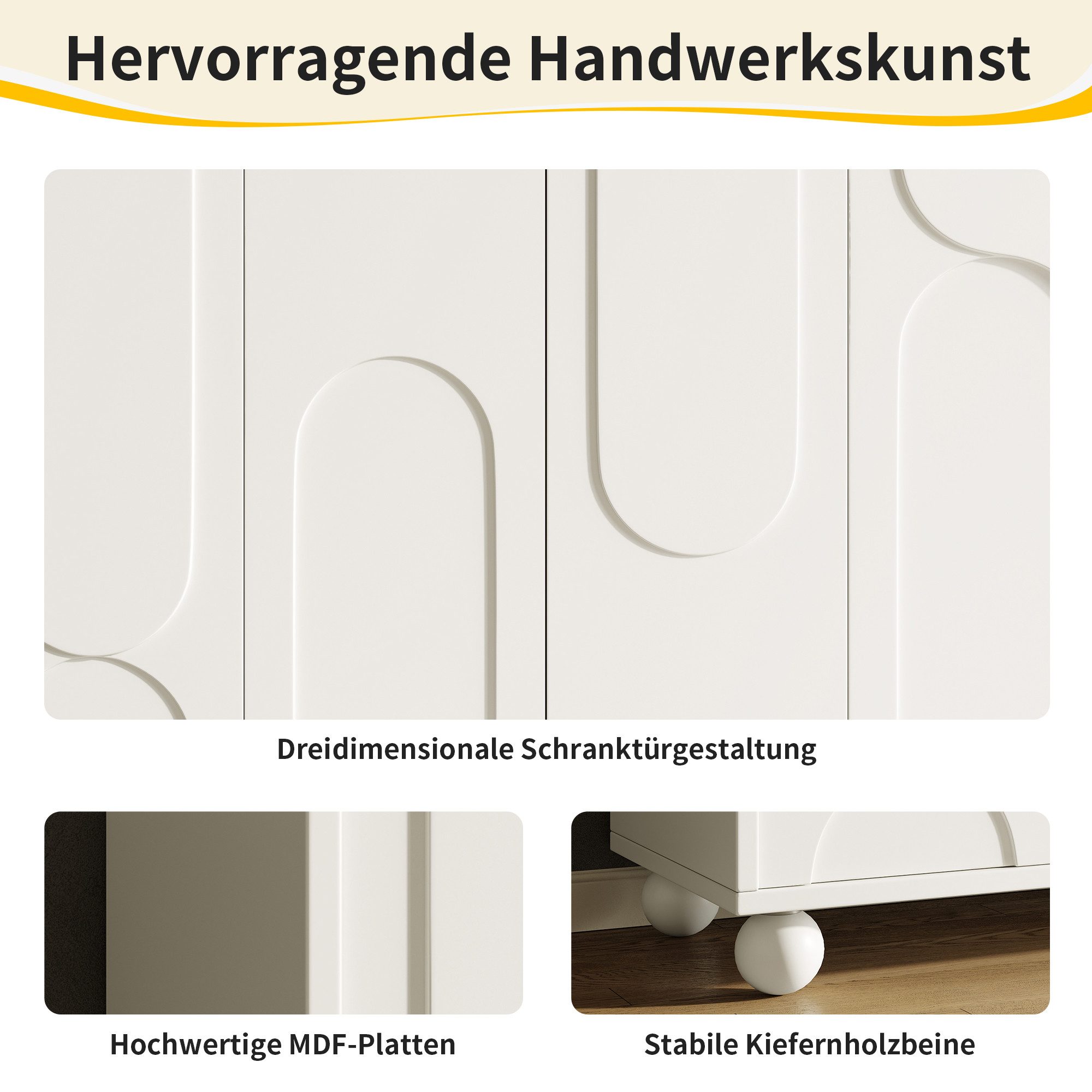 Flieks Mehrzweckschrank (1-St., 120×35×71cm, Kiefernholzbeine) Wohnzimmerschrank mit 4 Türen Sideboard Kommode Cremeweiß