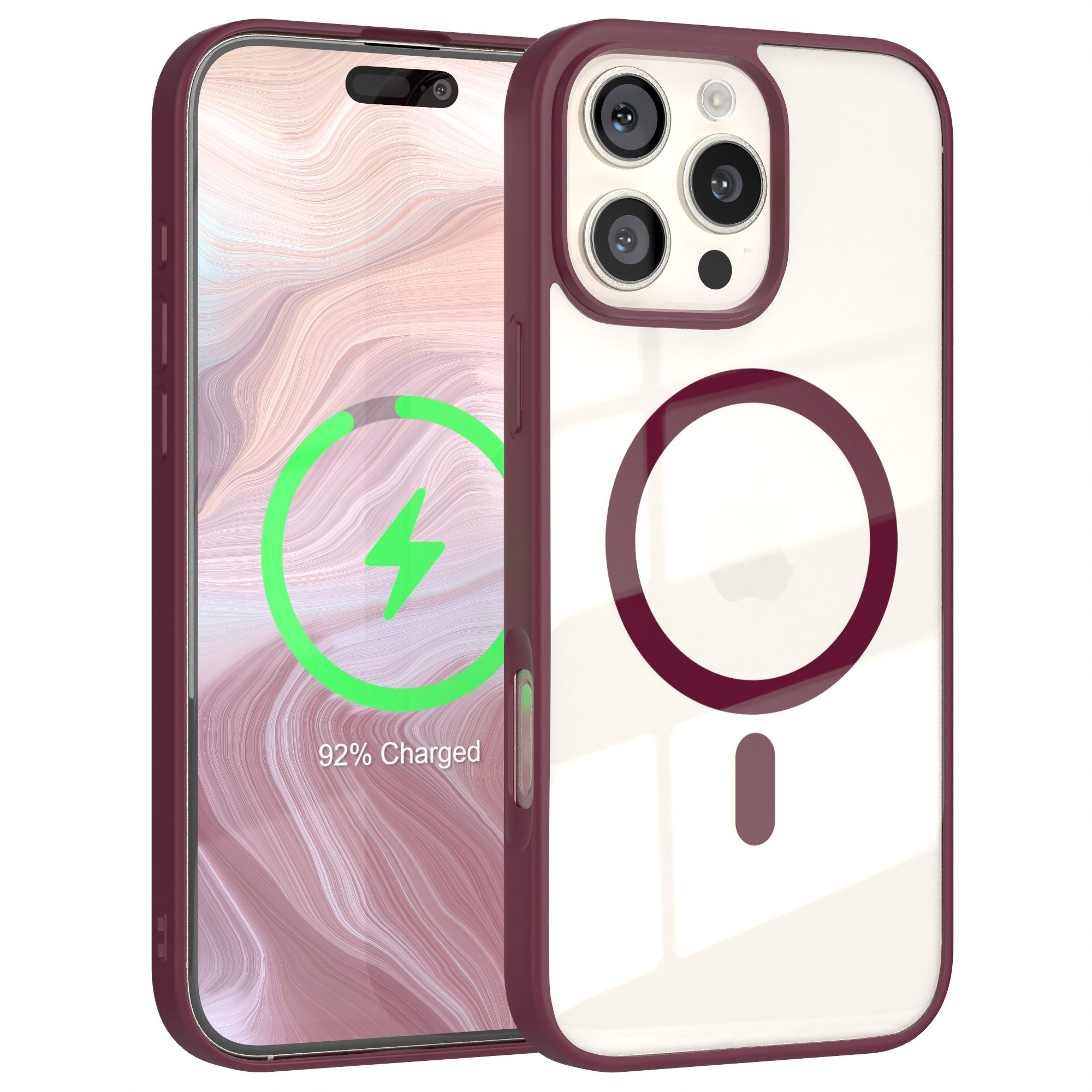EAZY CASE Handyhülle Transparente Hülle mit MagSafe iPhone 16 Pro Max 6,9 Zoll, Back Cover Slimcover mit Displayschutz, Magsafefunktion, Bumper, Beere