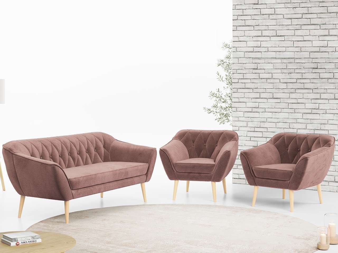 MKS MÖBEL Sofa PIRS 3 1 1, mit Relaxfunktion, Moderne Sofa Set, Skandinavische Deko Rosa Monolith