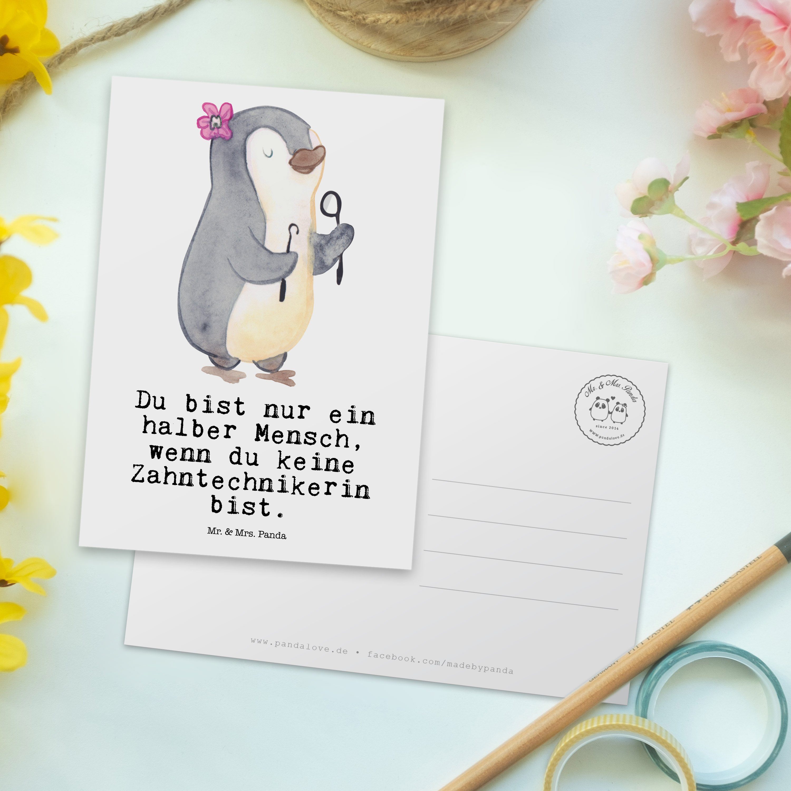 Mrs. Geschenk, Karte, Mr. Weiß Arbeits & - Zahntechnikerin Grußkarte, Postkarte - Herz mit Panda