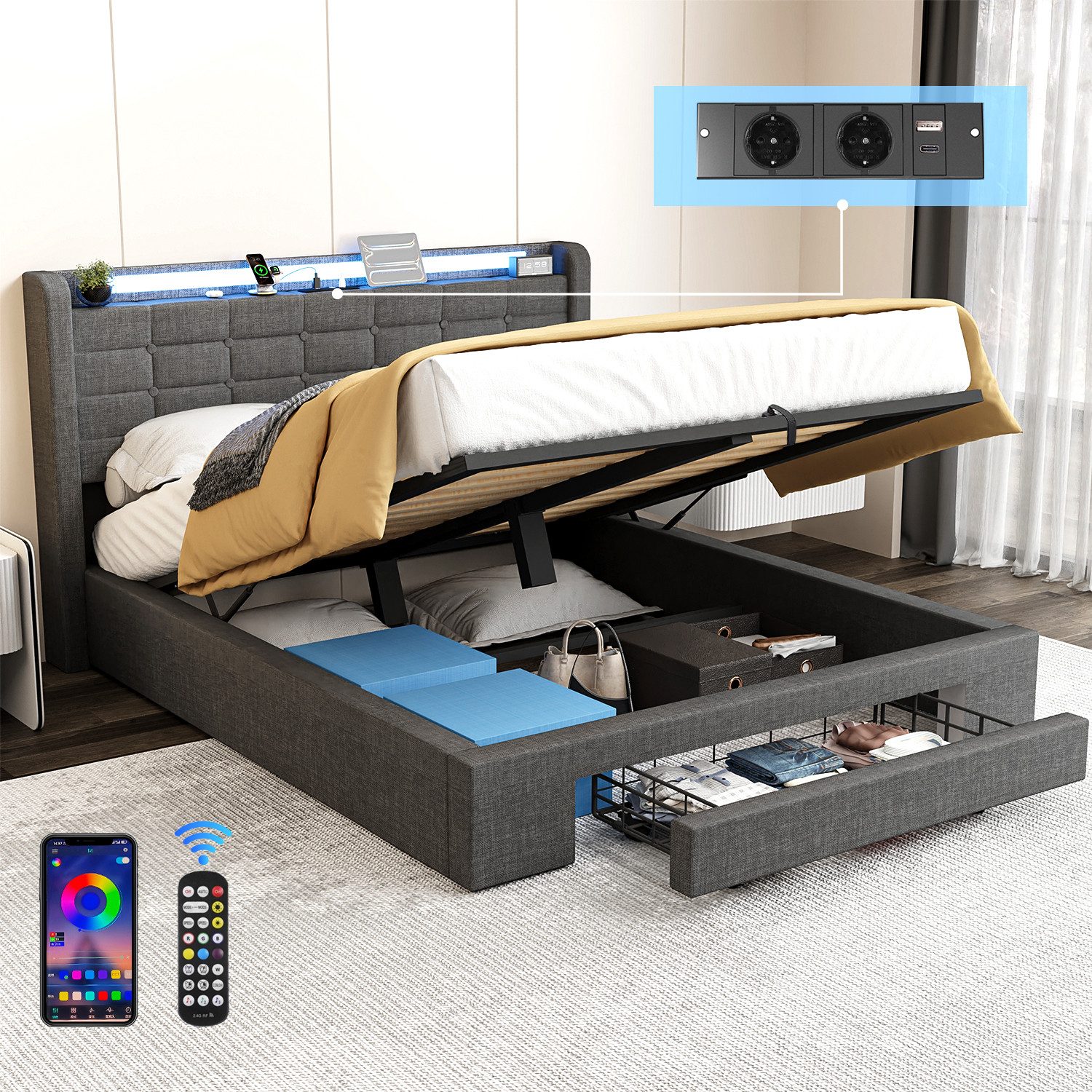 oyajia Polsterbett Stauraumbett Doppelbett mit LED günstig online kaufen