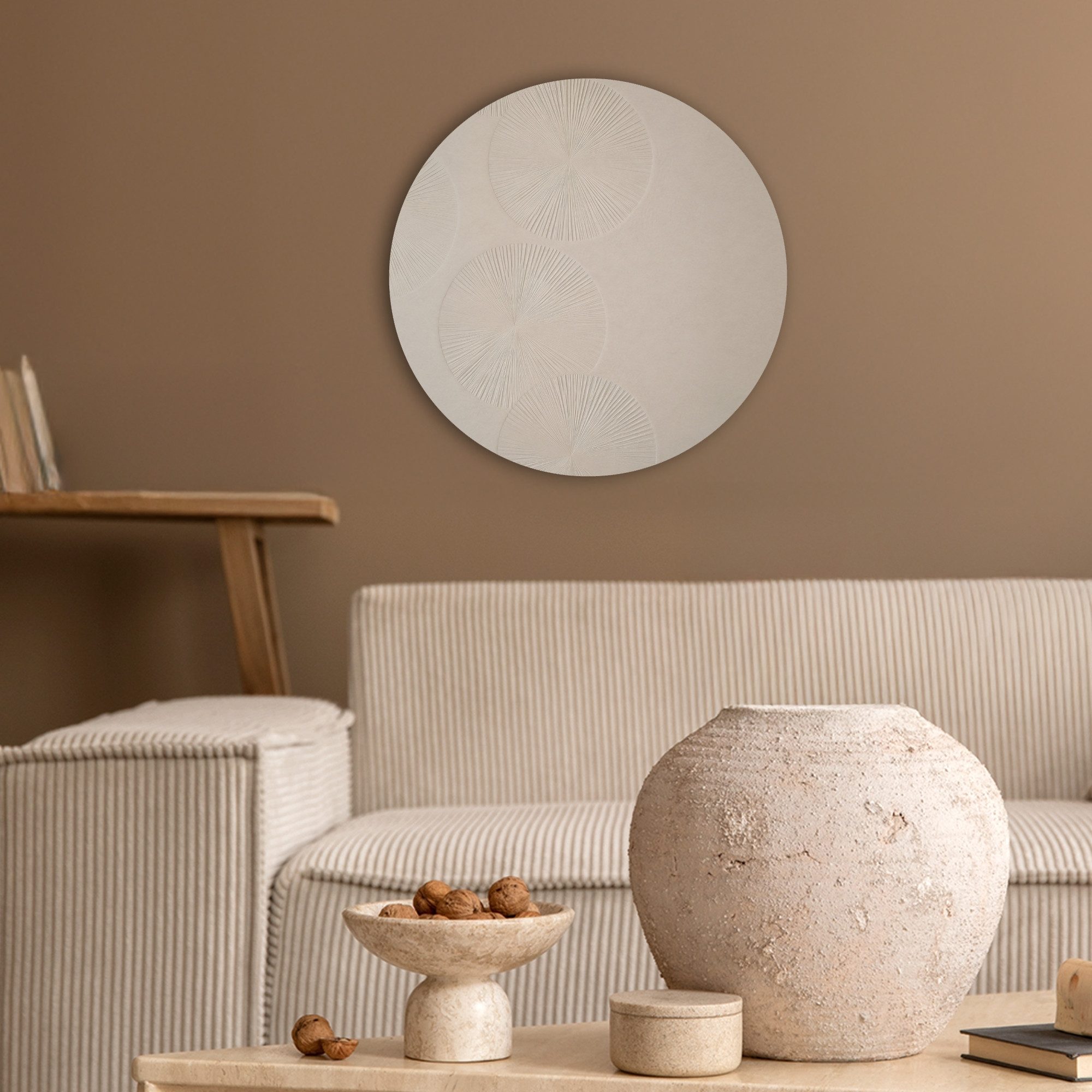 MuchoWow Gemälde Japandi - Beige - Modern, Fotodruck (1 St), Akustikpaneele rund, Schalldämmung, Akustikbilder 30x30 cm