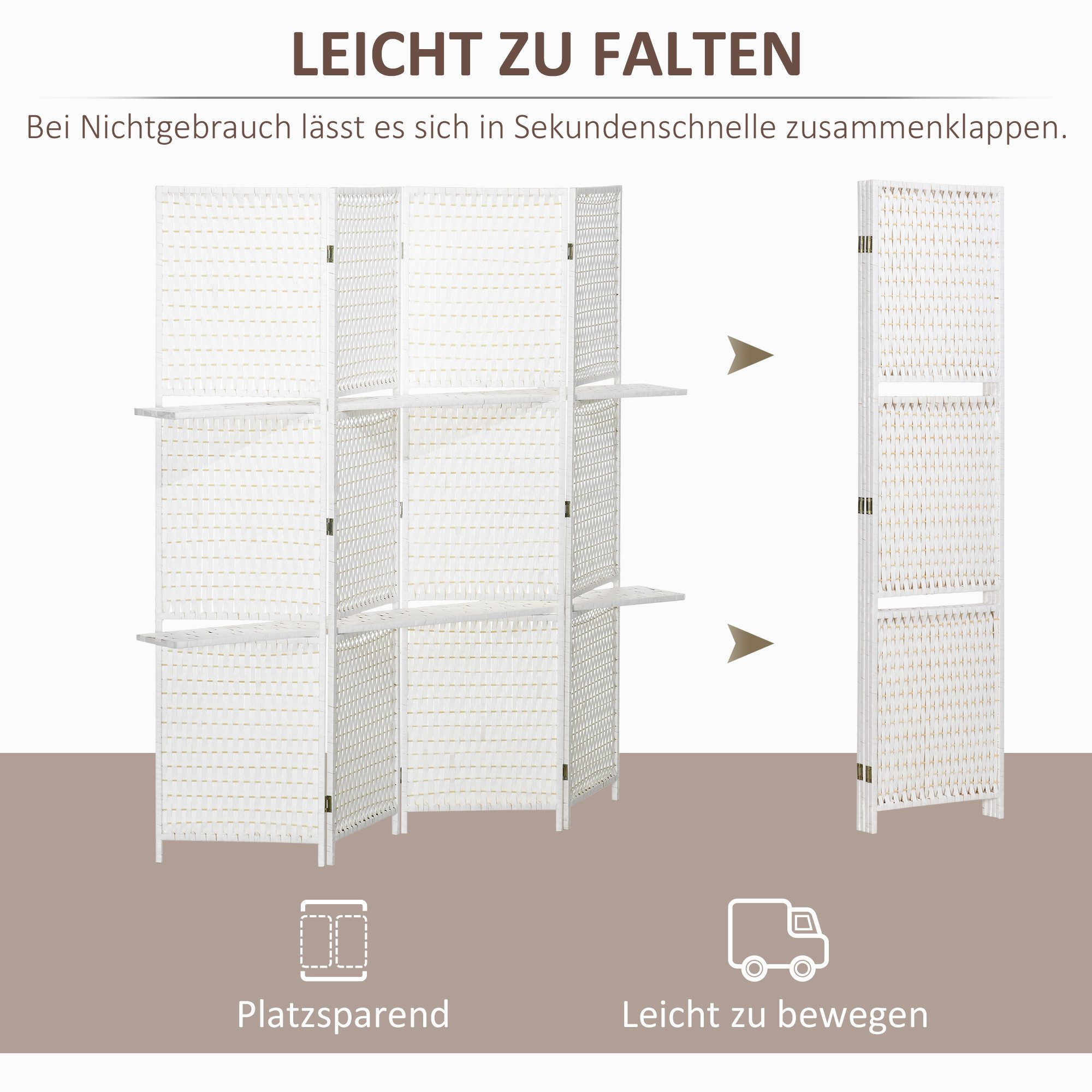 HOMCOM Paravent Raumteiler Faltbar aus Kiefernholz, Bambus mit 2 Regalen, Weiß (Set, 4 St., 4-teilig, Raumteiler mit Regalen), (BxH): ca. 181x180 cm – Bild 4 von 5