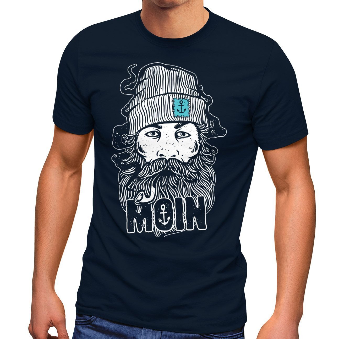 Neverless Print-Shirt Herren T-Shirt Moin Kapitän Bart Anker Nordisch Nordmann Norddeutsch mit Print