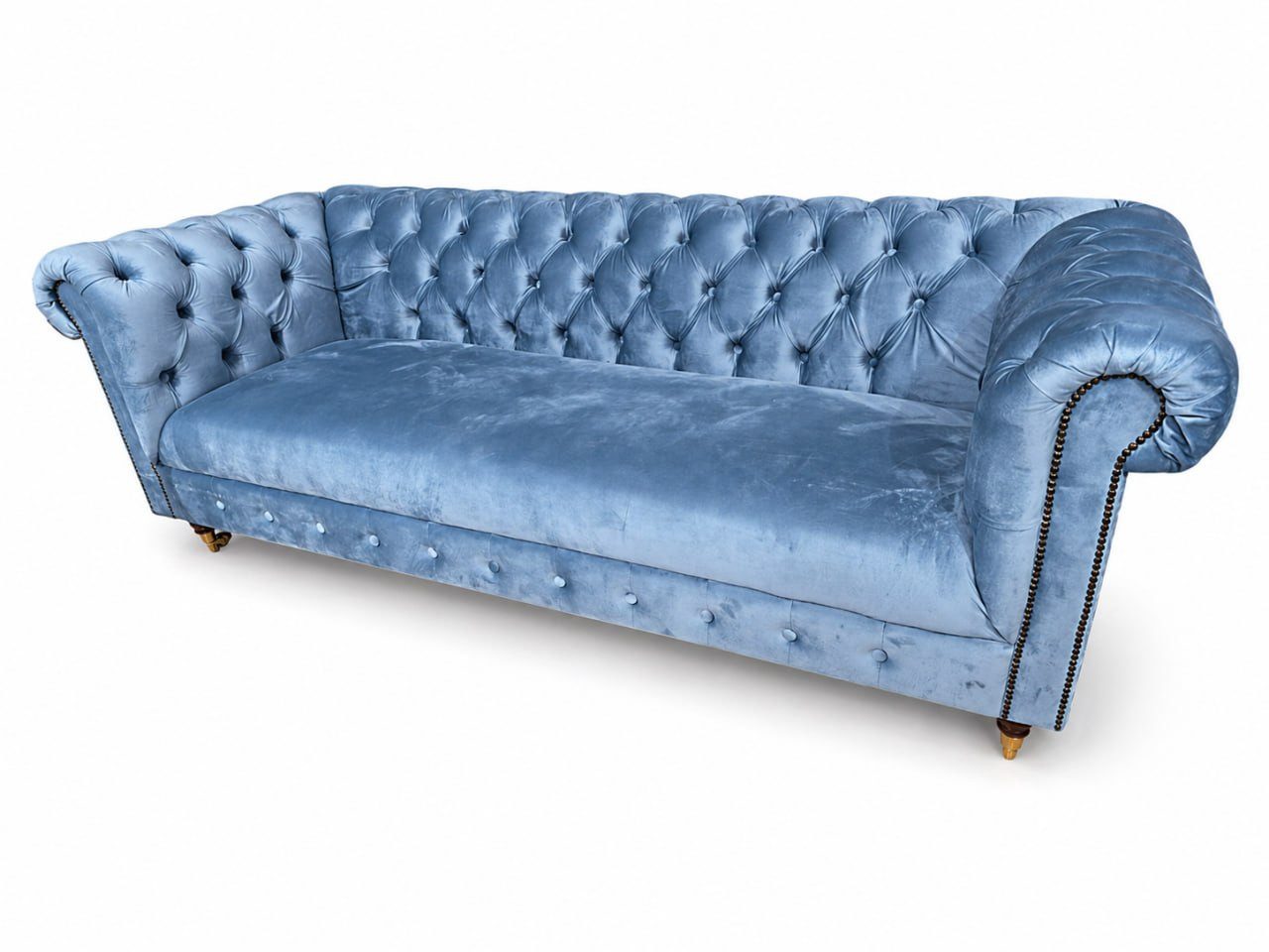 JVmoebel Chesterfield-Sofa Blauer Samt 3-Sitzer mit eleganten Knöpfen Sofort, Chesterfield-Design