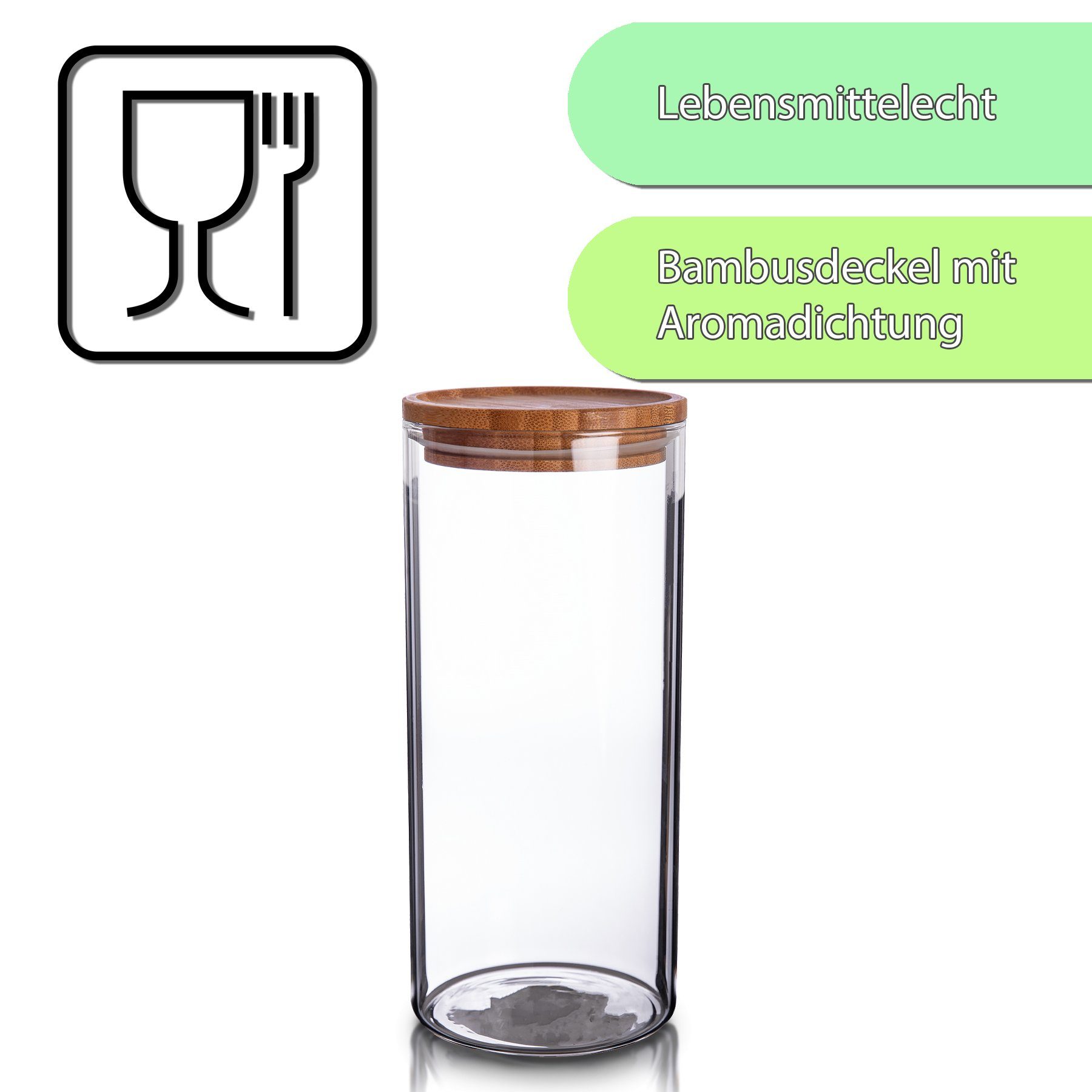 Mehl, Bambus-Deckel BigDean 1,5L Vorratsdose 10x22,5cm Vorratsglas Bambus, Vorratsgläser Nudeln Glas. 2x (2-tlg)