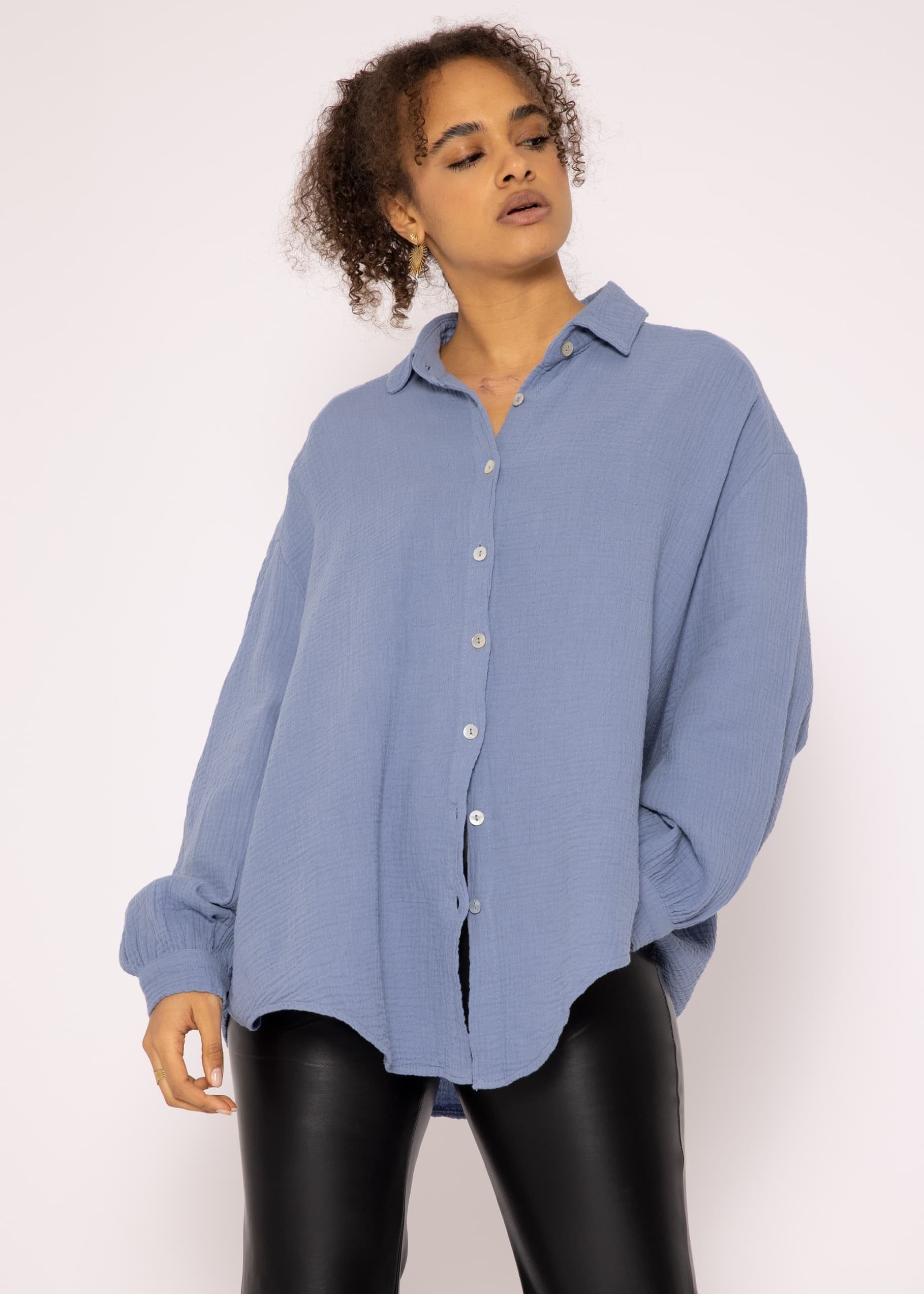 36-48) Hemdbluse Longbluse lang Baumwolle Damen Size Oversize SASSYCLASSY (Gr. mit aus One Blau Musselin V-Ausschnitt, Langarm Bluse
