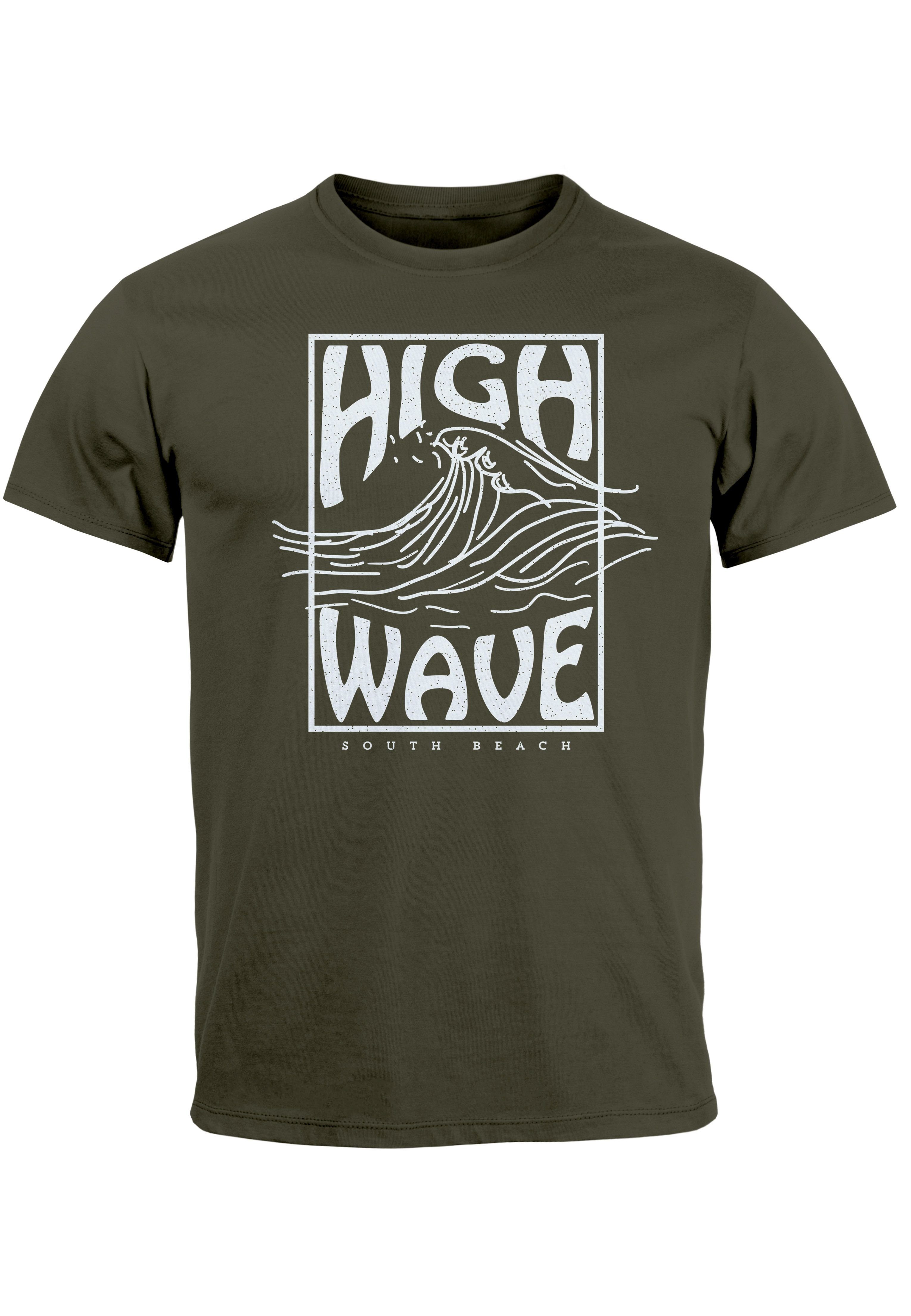 Neverless Print-Shirt Herren T-Shirt Logo Print High Wave Art Welle Line Surfing mit Schrift Aufdruck army