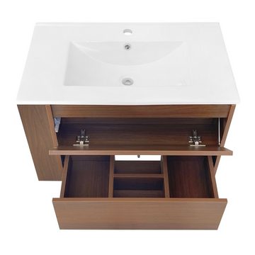Merax Badmöbel-Set, (Waschbeckenunterschrank mit Waschbecken, ohne Ablaufgarnitur), Hängeschrank mit Klapptür und Schublade, Waschtisch mit Seitenfächer