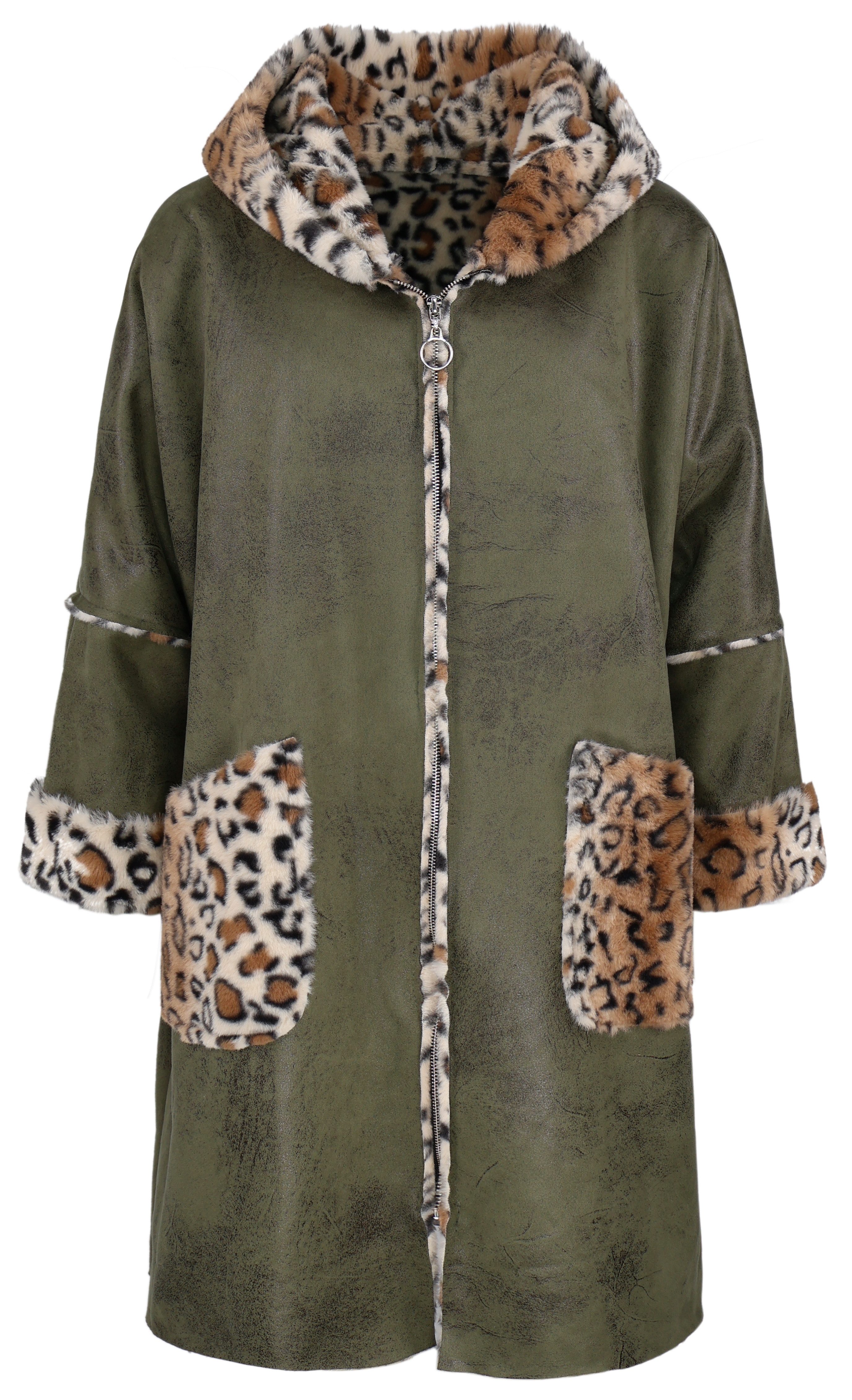 dy_mode Lederimitatmantel Damen Kunstledermantel Oversize Longjacke mit Leomuster Mantel mit Kapuze, im Leo-Print