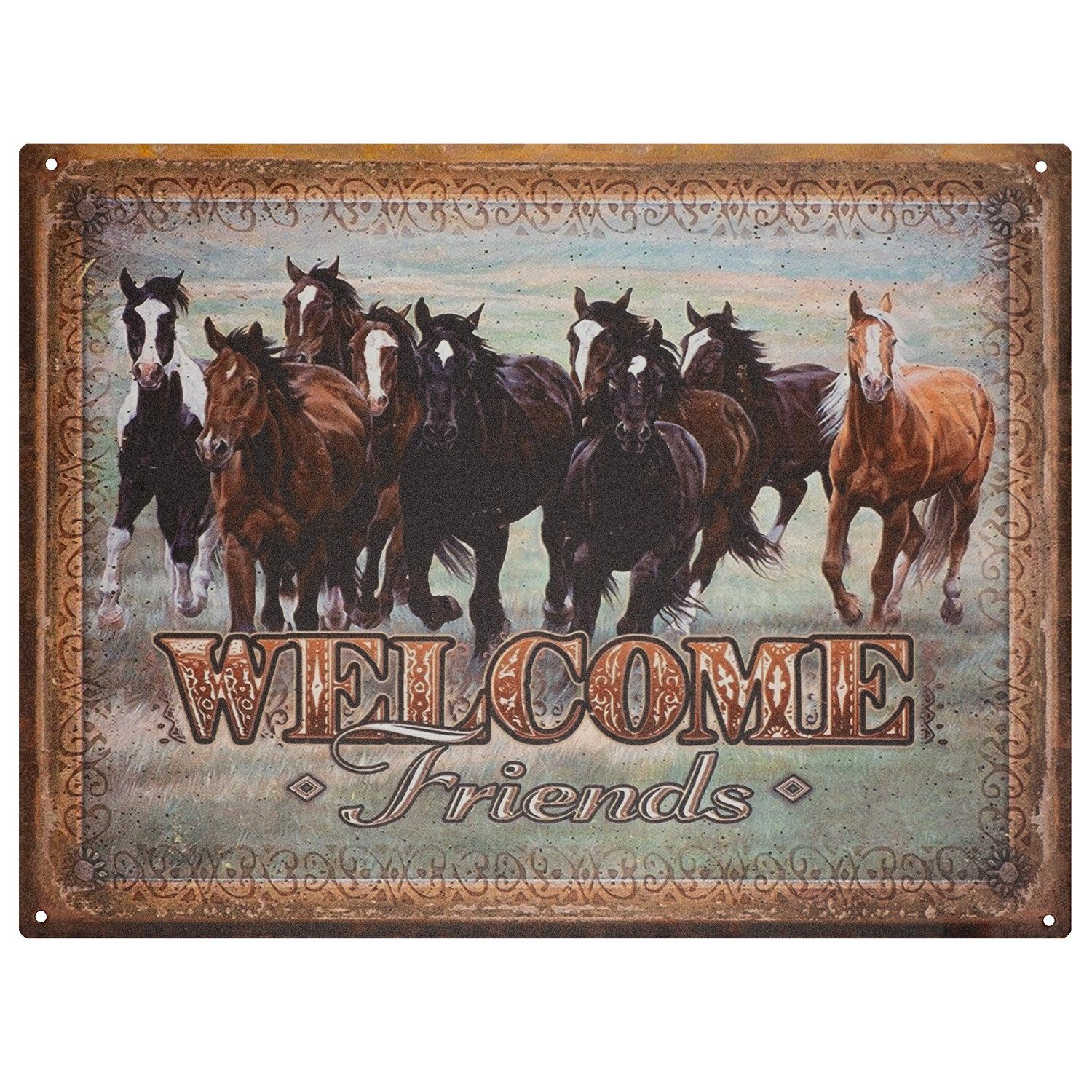 Moritz Metallschild Blechschild Welcome Friends Pferde Rudel, (Einzeln), 25 x 33 cm Vintage Retro Deko Schild Metallschild Wandbild Schild