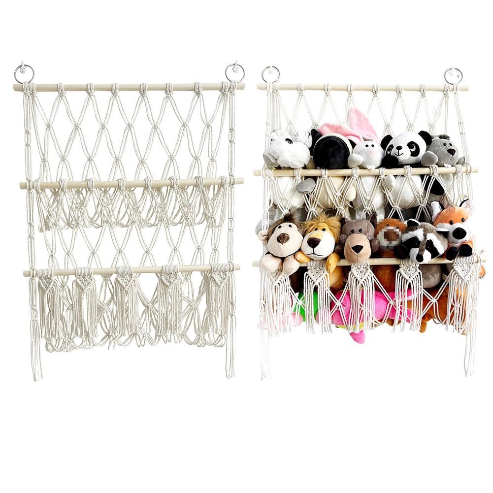 GarveeMore Hängekorb Boho Makramee Hängematte 2-lagig Wandnetz für Kuscheltiere, Platzsparender Organizer für Kinderzimmer, Spielzimmer, Schlafzimmer