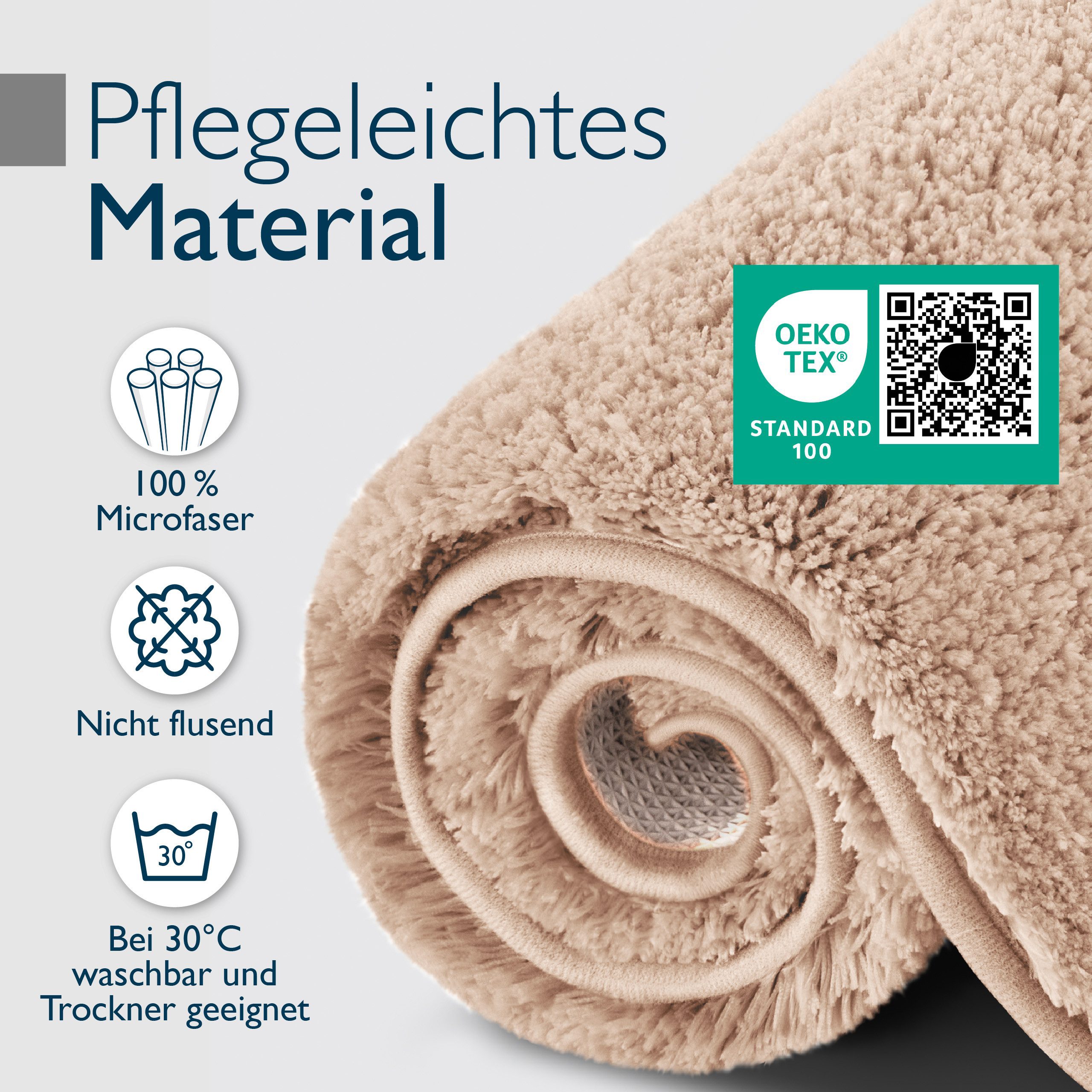 Beautissu Badematte Badematte rutschfest BeauMare FL, 60x50cm, Natur, Höhe 30 mm, Polyester, 60x50 cm Duschvorleger Hochflor Badteppich rutschfest Waschbar Shag – Bild 5 von 5