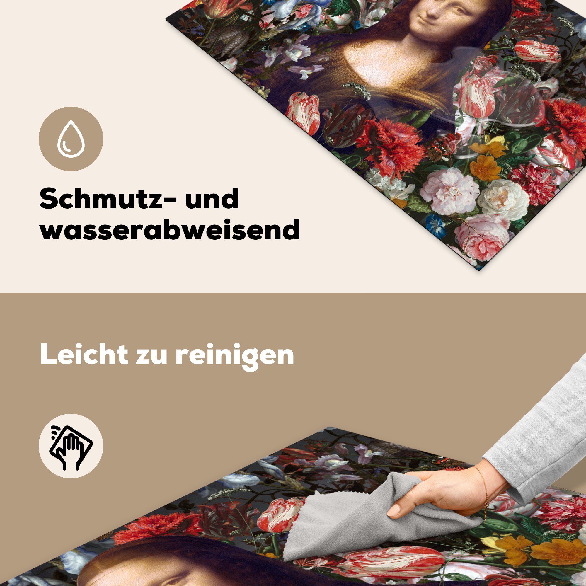 MuchoWow Herdblende-/Abdeckplatte da - tlg), Mona die 81x52 Induktionskochfeld - küche, (1 Blumen, Schutz Lisa Vinyl, cm, Leonardo Ceranfeldabdeckung für Vinci