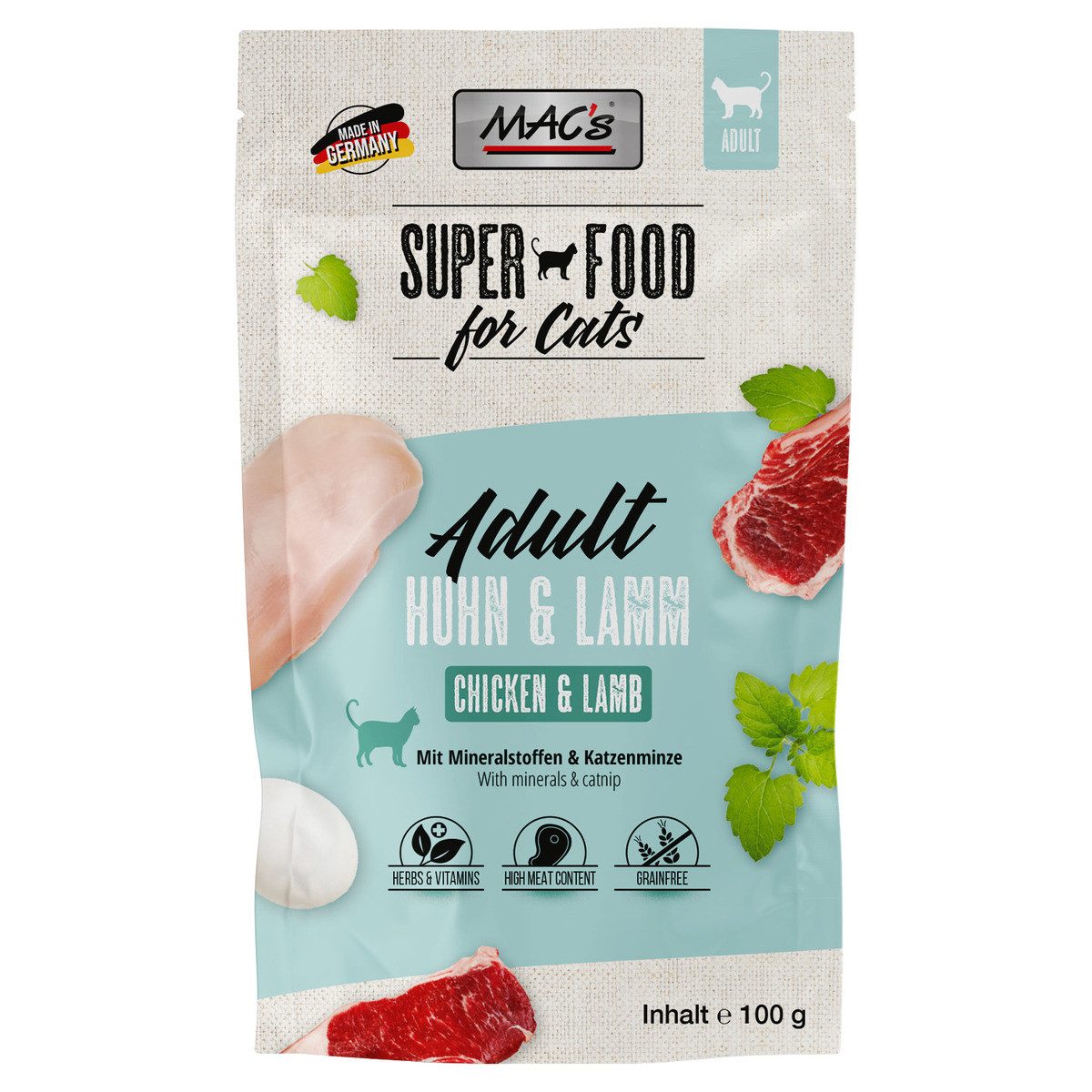 MAC'S Adult Huhn & Lamm 100 g - 12 Stück, Nassfutter für: Katze