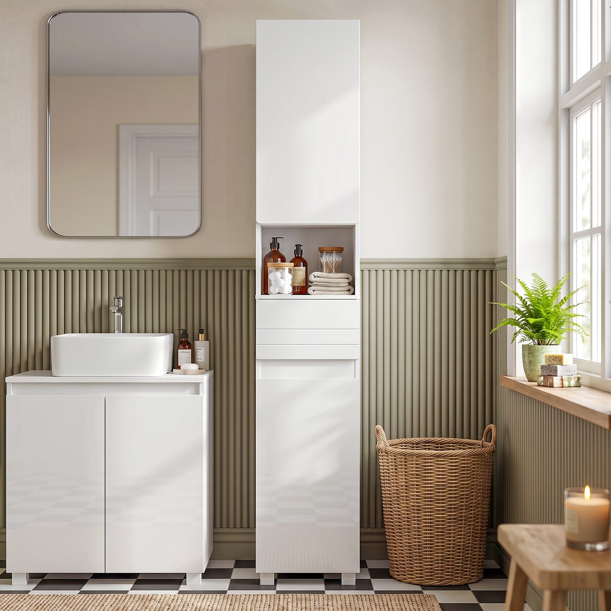 HOMCOM Badkommode Moderner Schrank mit Hochglanztüren (Set, 1 St., 1), Schmaler Hochschrank, verstellbare Einlegeböden