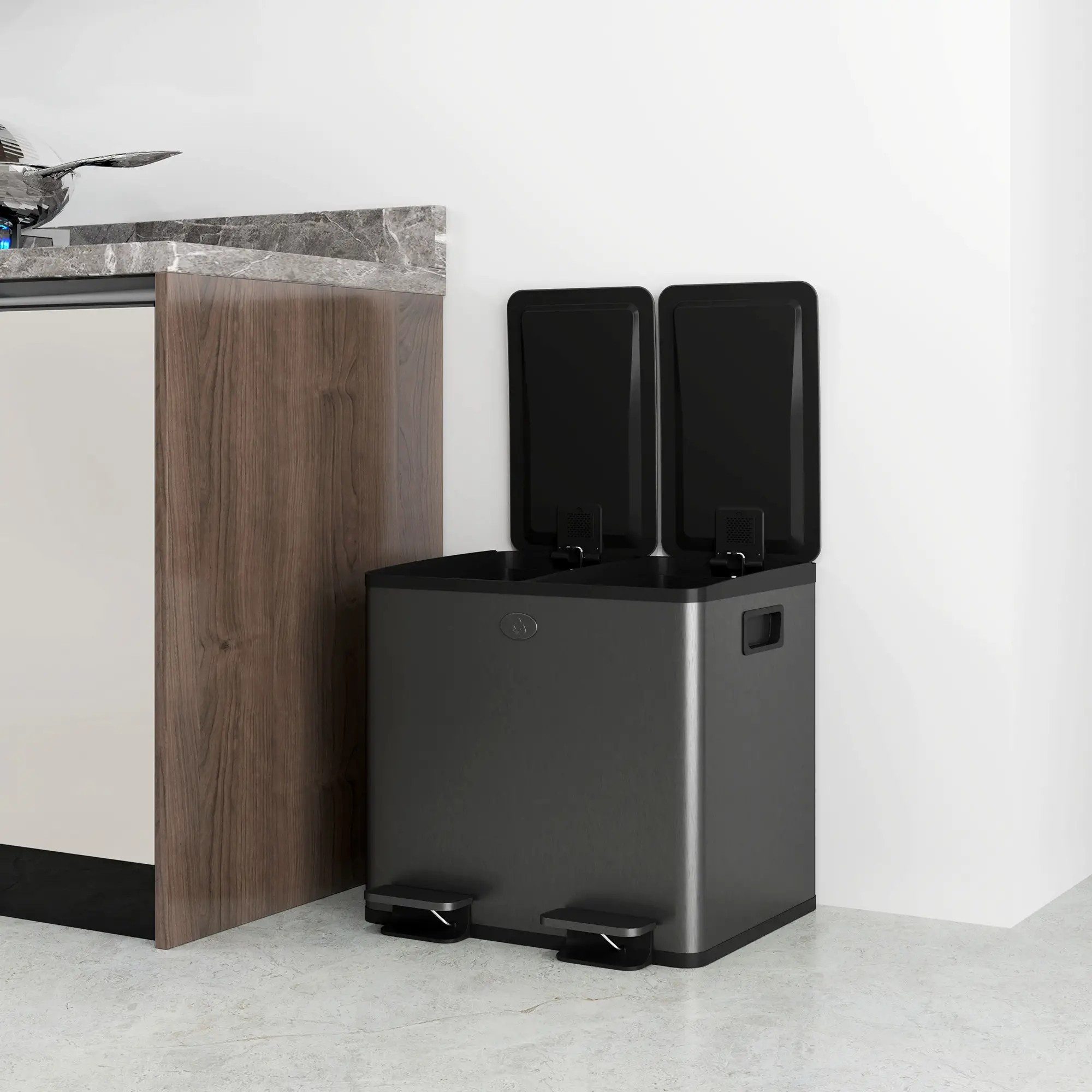 BlingBin Mülleimer Doppelmülleimer 2 x 15L Abfalleimer aus Edelstahl Mülltrennsystem, Herausnehmbare Inneneimer, Deodorant-Fächern Treteimer für Wohnung