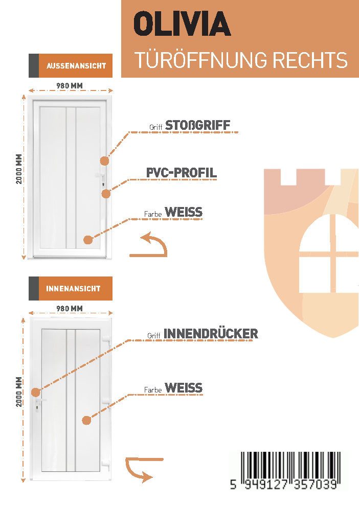SN Deco Haustür Olivia mit Edelstahlstoßgriff/Türknopf, 980x2000 mm, Thermisch getrennte Alu-Bodenschwelle sowie Wetterschenkel
