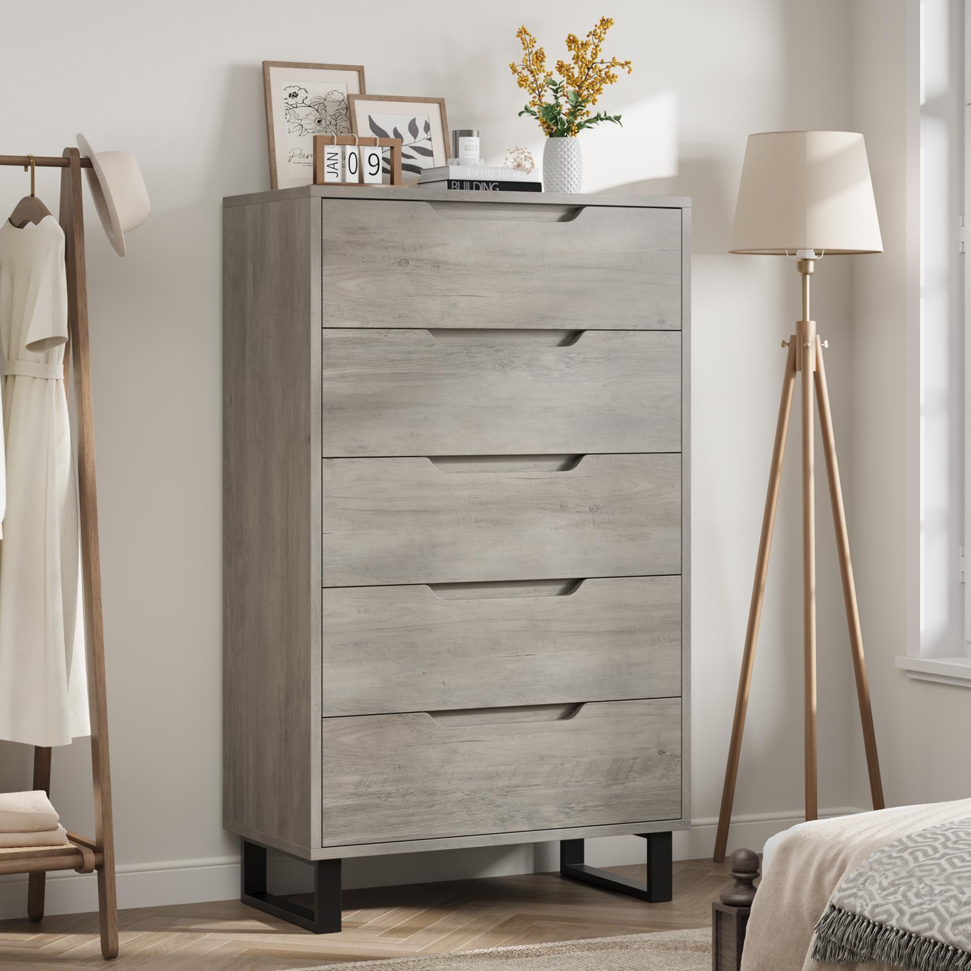 GarveeMore Kommode Hochkommode Schubkastenkommode Vertiko mit 5 Schubladen aus Holz (1 St), Modernes Design Highboard, für Schlafzimmer, Wohnzimmer, Flur