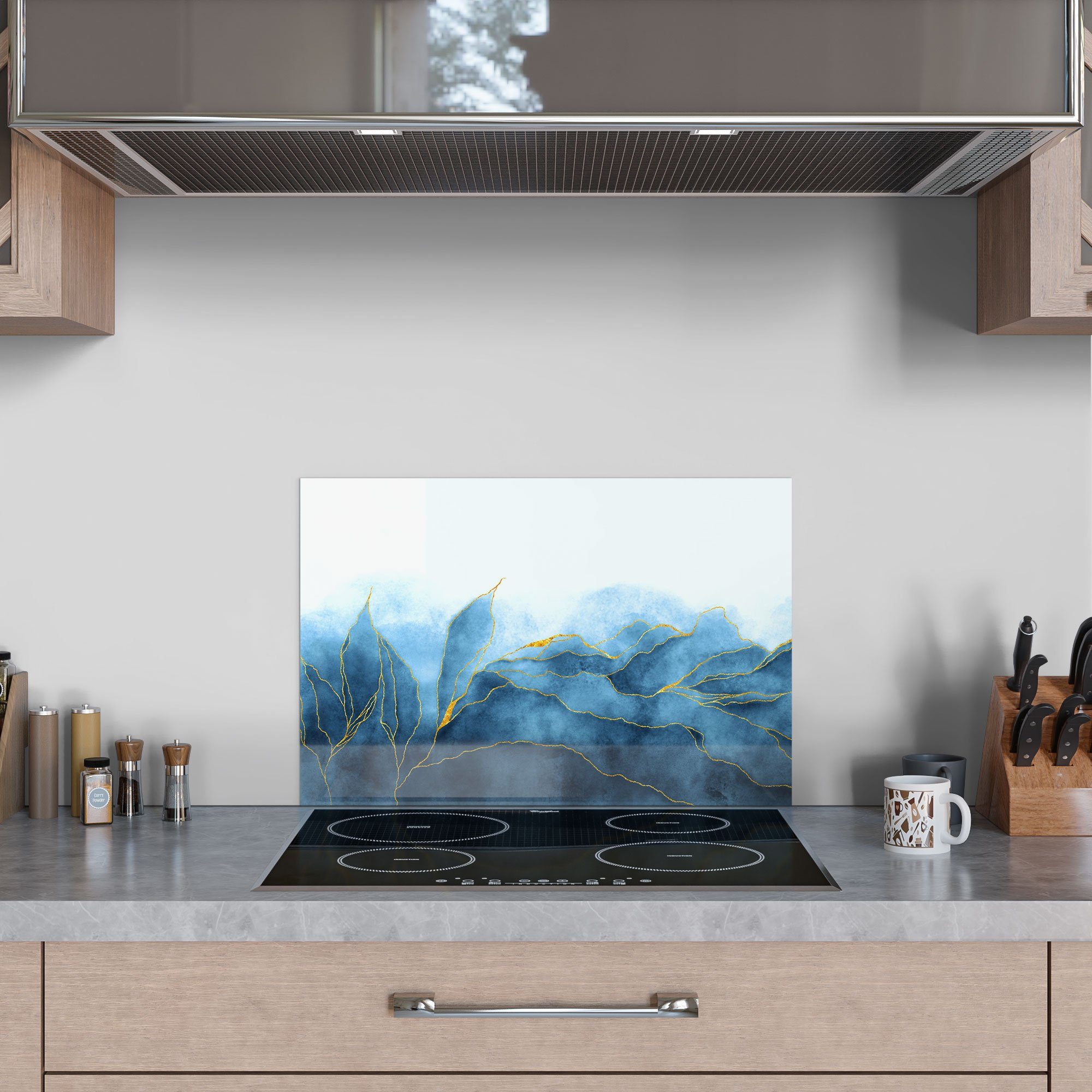 Glas Badrückwand DEQORI Wasserfarbverlauf', 'Blauer Küchenrückwand Spritzschutz Herdblende