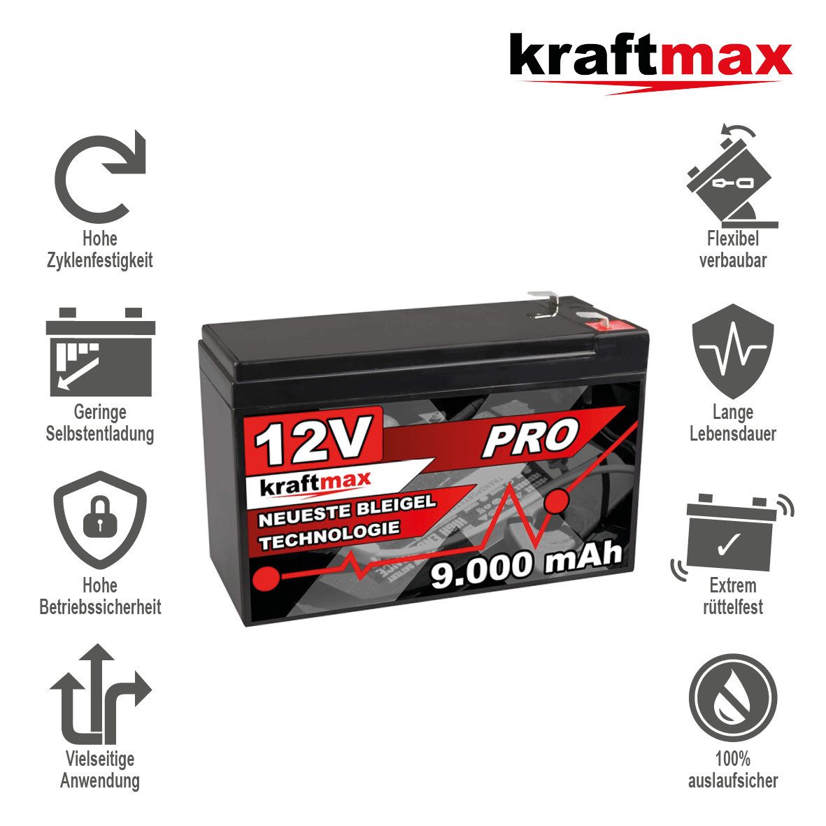 kraftmax Industrial Pro Bleiakku [ 12V / 9Ah ] AGM Hochleistungs- Blei Akku Bleiakkus